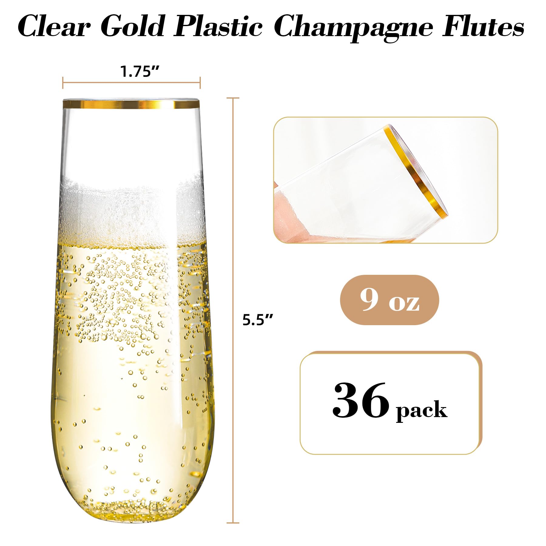 N9R Paquete de 36 copas de champán de plástico, 9 onzas sin tallo desechables, con borde dorado, copas de cóctel transparentes para bebidas, irrompibles, ideales para fiestas, bodas, cumpleaños