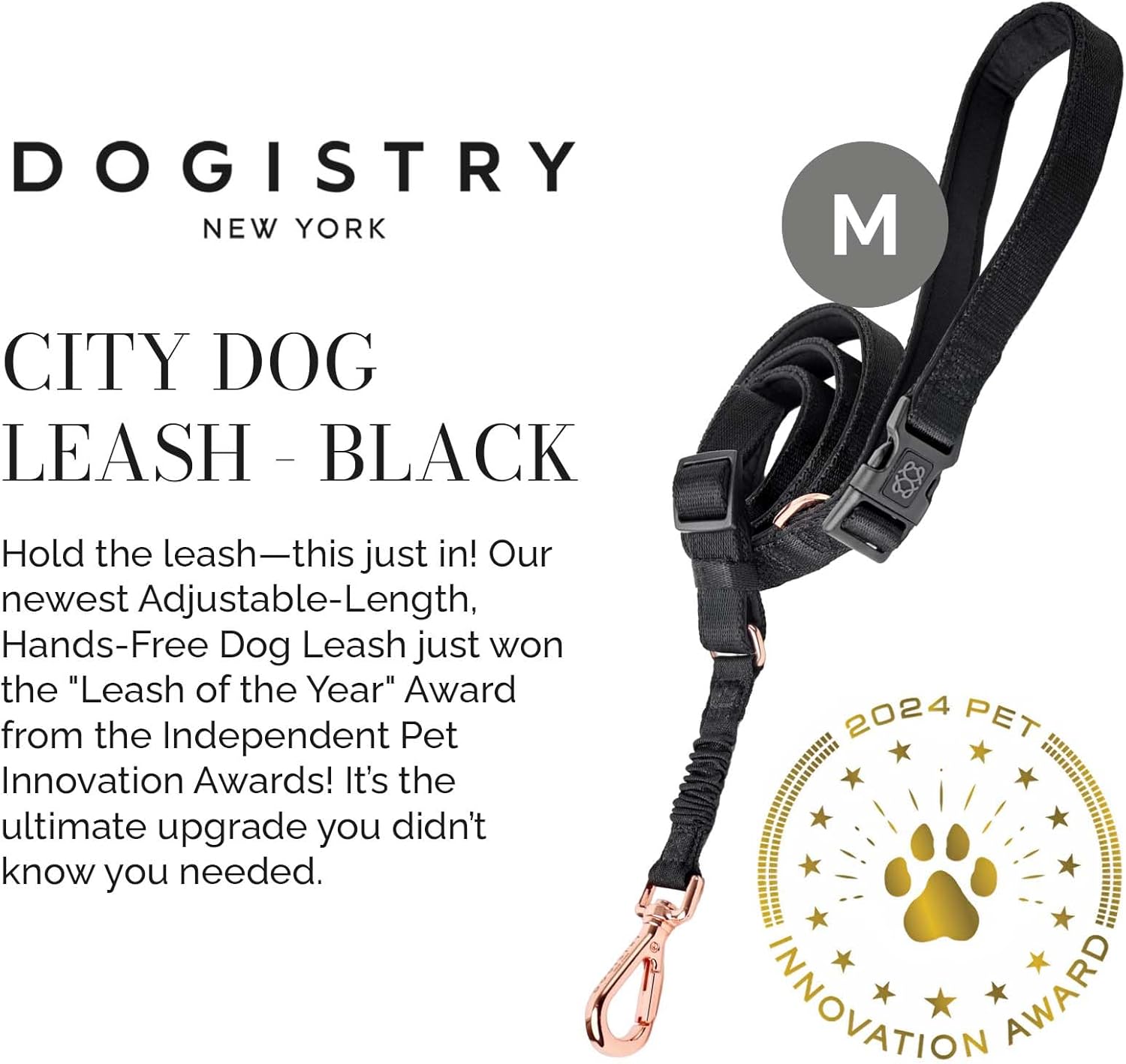 The DOGISTRY - City Dog Leash - Black - Award-Winning Adjustable Hands-Free Design - Luxe Rose Gold Hardware & Style-Forward Functionality - Medium