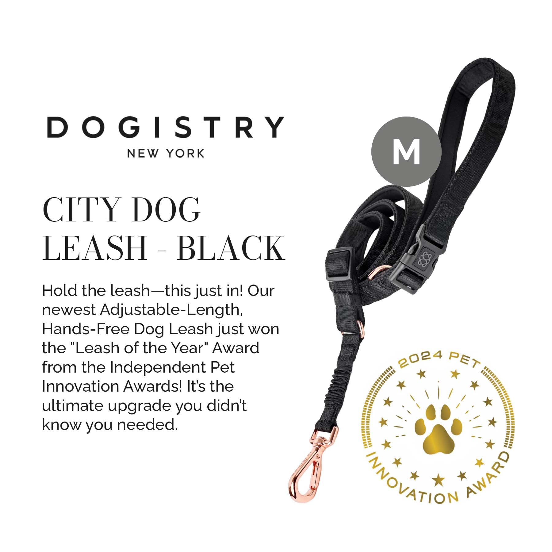 The DOGISTRY – Laisse pour chien City – Noir – Design mains libres réglable primé – Matériel de luxe or rose et fonctionnalité avant-gardiste – Taille M