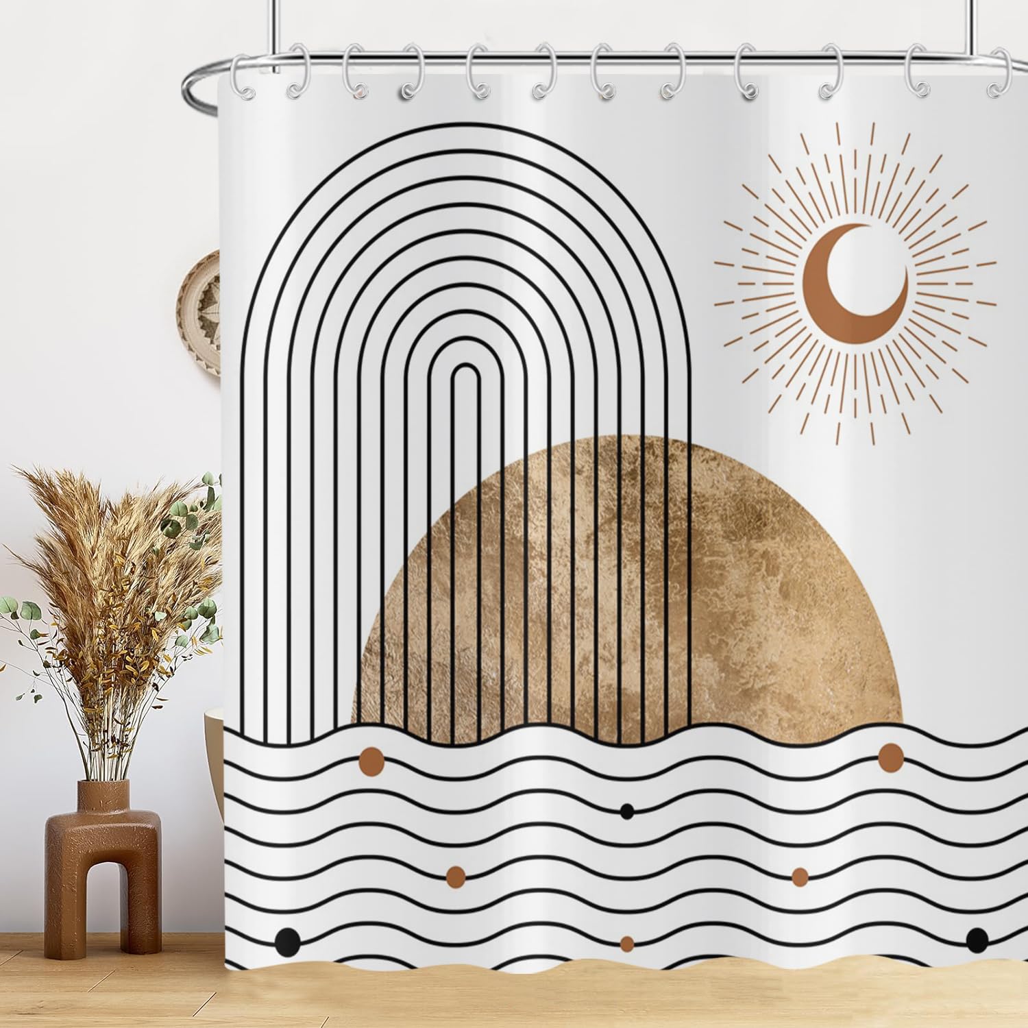 Hnmdmyi Boho Shower Curtain 180x200, Mid Century Abstract Sun and Moon Modern Geometric Minimalist Aesthetic Art Bathroom Shower Curtains Waterproof Polyester Fabric Washable Bath Curtains with Hooks