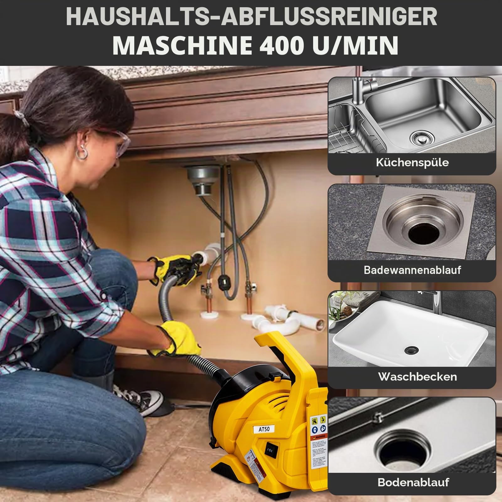 Reinigungsspirale Akku-Rohrreiniger 9m, Automatische Elektrischer Abflussreiniger für 20-60mm Rohrverstopfungen Verwende, Kabel in Klavierdraht, mit Fußschalter, für Waschbecken/Toiletten/Bodenabläufe