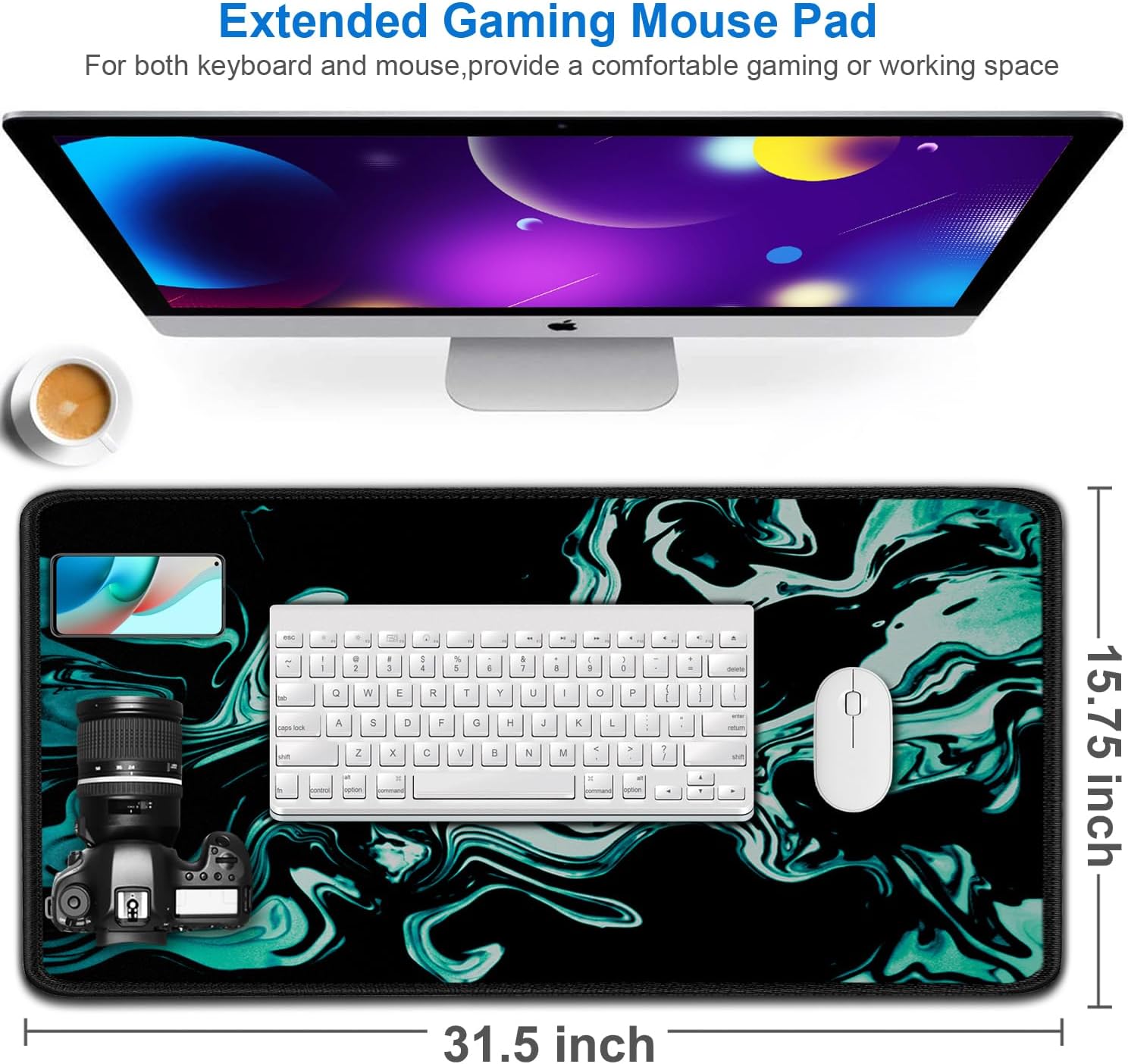 Large Mouse Pad, 31.5x15.7 inch Large Extended Computer Keyboard Mouse Mat, Water Resist Non-Slip Mousepad Rubber Base Long XXL Desk Mouse Pad for Gaming, Office & Home, Marble Cyan thumbnail