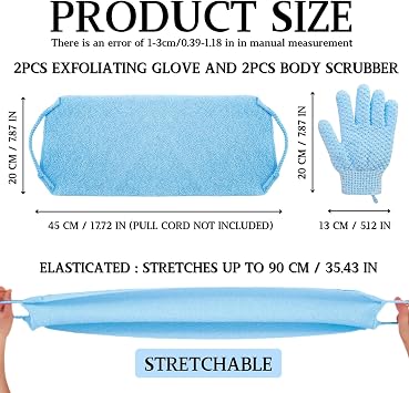 Bath Sets, 2Pcs Exfoliating Glove and 2Pcs Body Scrubber, Back Scrubbers for Use in Shower, Exfoliating Mitt and Exfoliating Towel for Body, Face, Shower, Bath and Deep Cleansing (Blue)