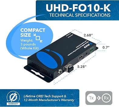 OREI 4K HDMI Over Fiber Optic Extender up to 10Km with Audio Extraction and Bi-Directional IR - RS-232 (UHD-FO10-K)