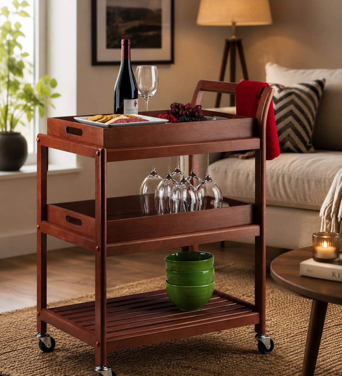Kunjal Furniture Solid Wood 3-Tier Serving Trolley Cart with Wheels | Kitchen Utility Cart | Rolling Bar | Storage Organizer for Dining Room, Living Room & Home | Walnut Brown-image-12