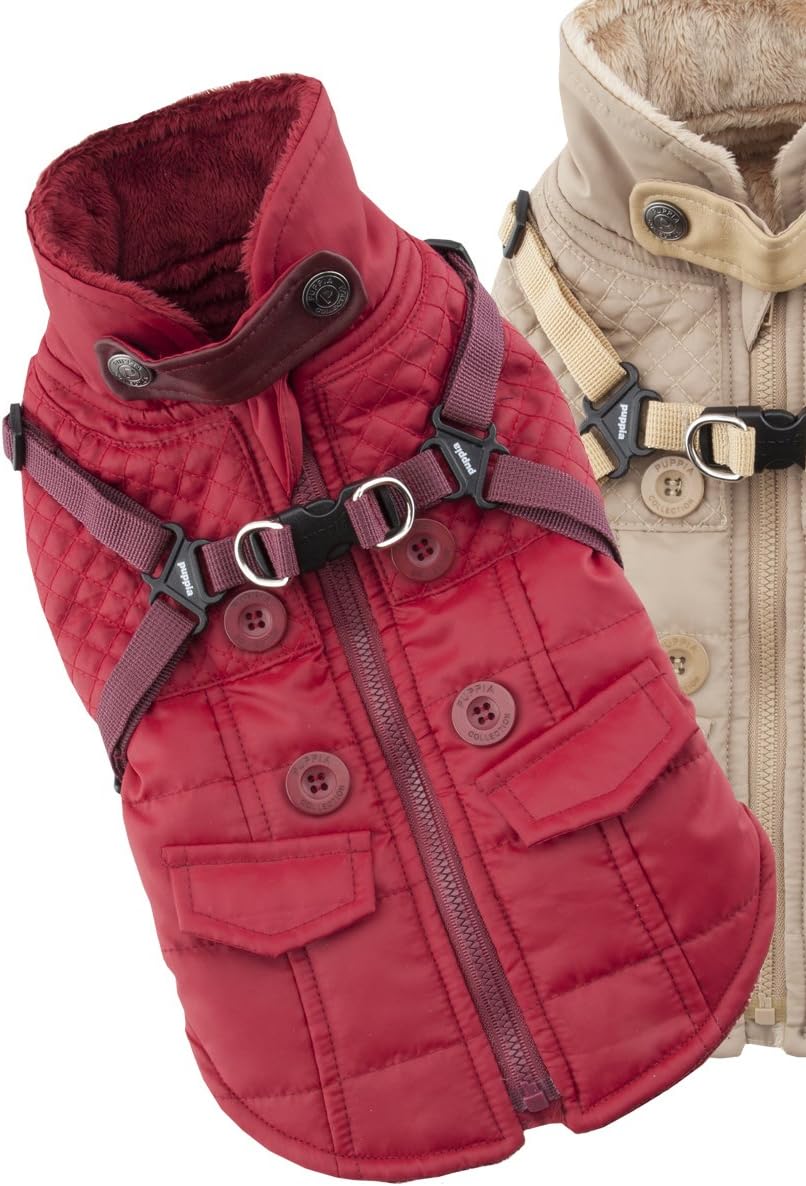 Puppia Wilkes Winter Dog Coat with Integrated Harness No Pull Cold Weather Waterproof Warm Fleece Back Zipper for Small & Medium Dog, Wine, Large