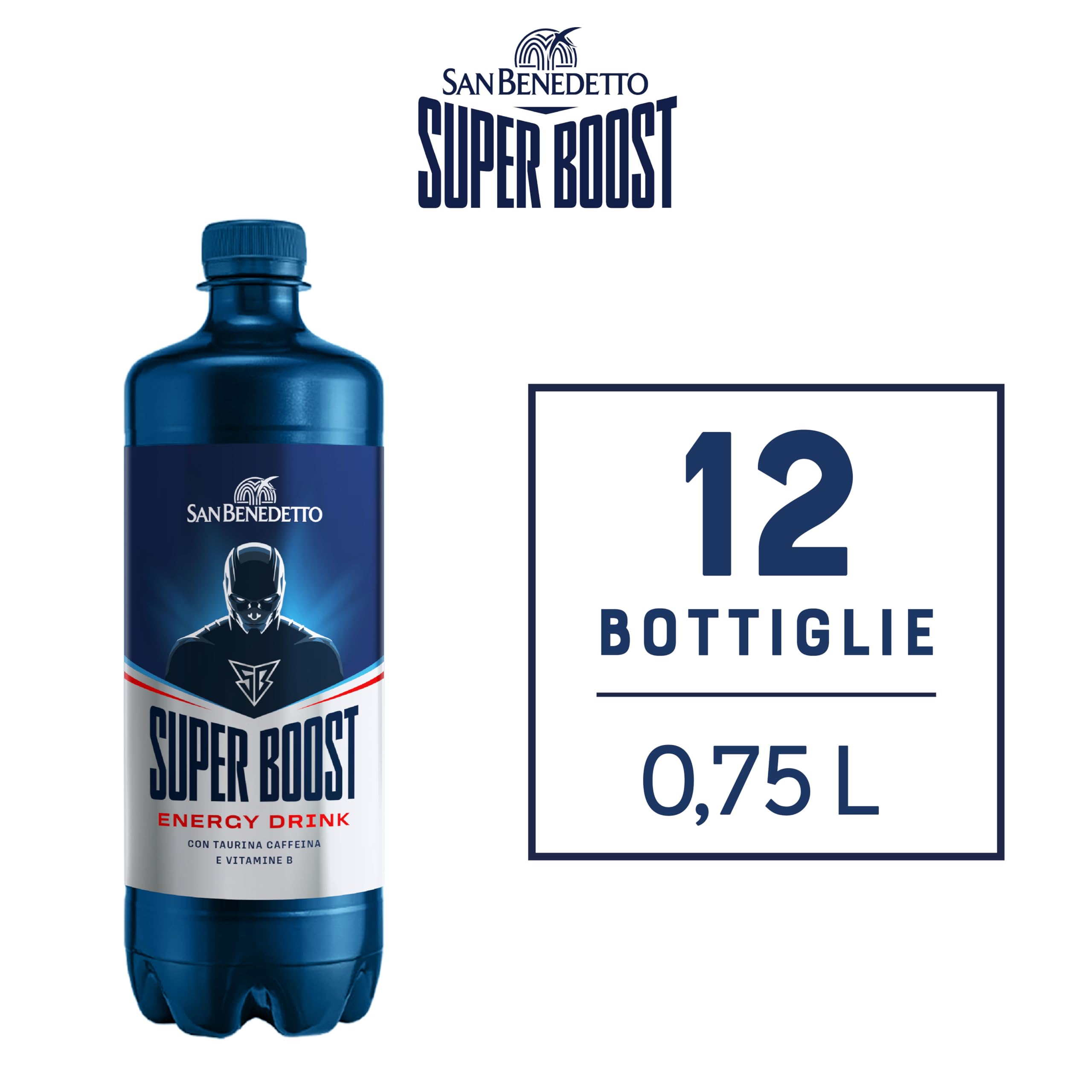 San Benedetto, Energy Drink Super Boost, 12x0,75 l, Bevanda Analcolica Energetica Gassata, Gusto Rinfrescante, con Taurina e Caffeina