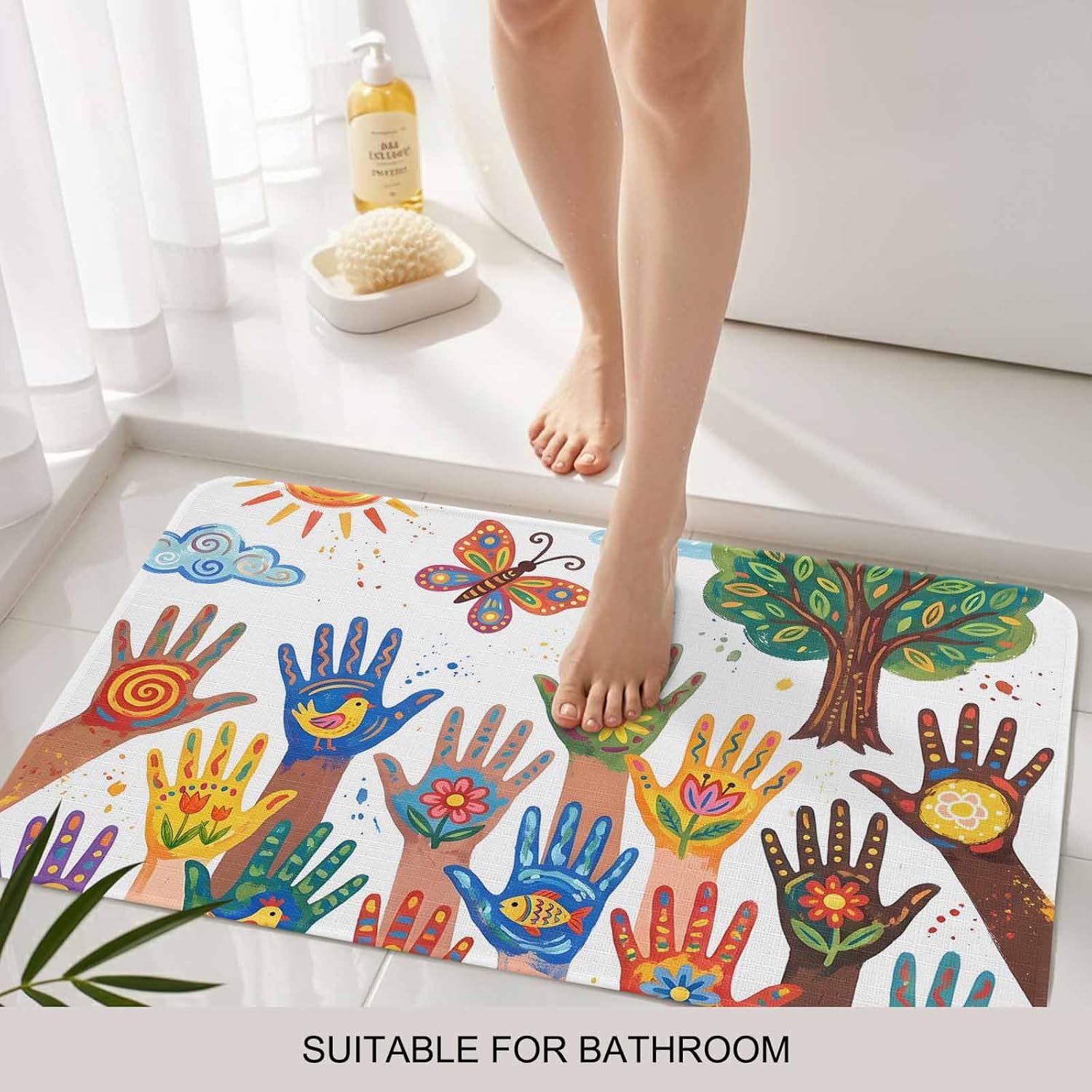 Cartoon Children's Day Door Mat Indoor Outdoor Entrance,Non Slip Small Rug for Kitchen Bathroom Entryway Rug,Colorful Handprints Abstract Art Washable Doormat Floor Mat for Office Decor 18x30 Inch