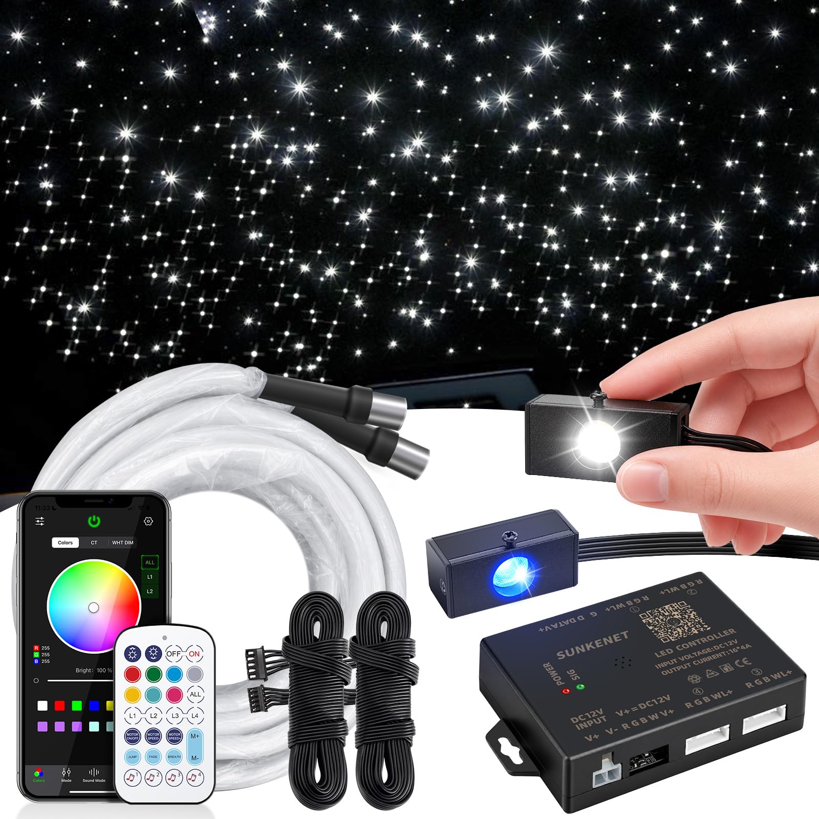 SUNKENET 2 in 1 RGBW Starlight Headliner Kit, 400pcs*0.02inch*4.92ft for Car/Home Ceiling, Fiber Optic Lights with Bluetooth APP/Remote Control/Music Effect