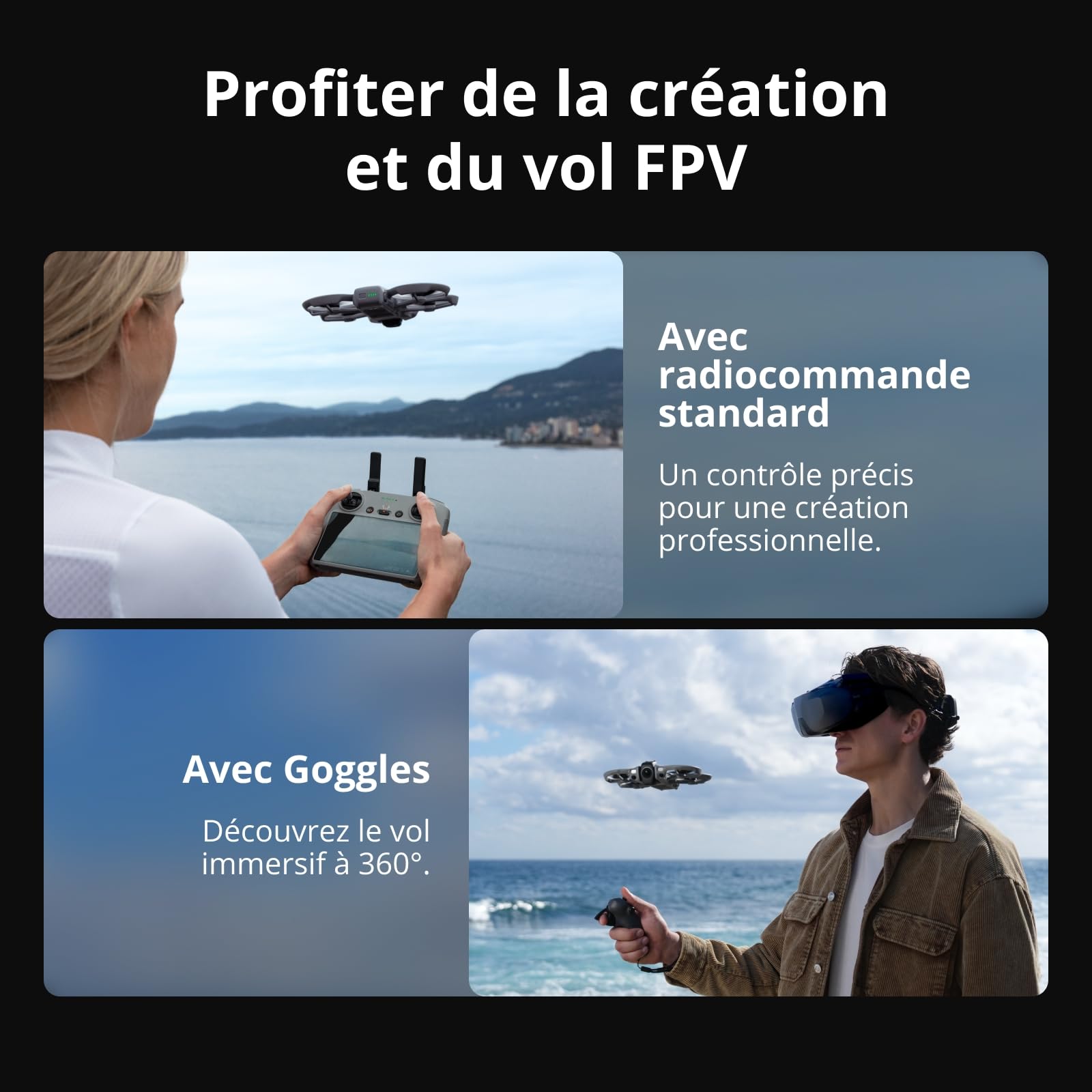 DJI Avata 360 Bundle Motion Fly More, drone 360° avec imagerie 360° 8K 1 pouce, drone caméra 360° avec protection d’hélices. Inclut Goggles N3 et RC Motion 3 pour contrôle de mouvement intuitif.