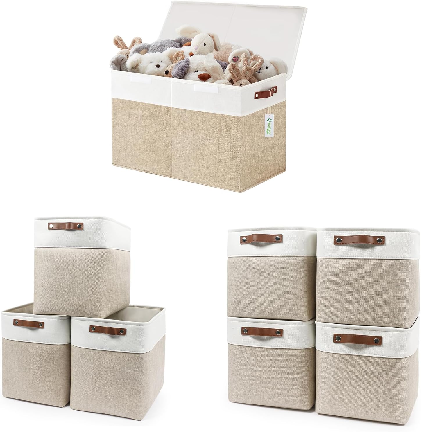 Large Toy Storage Box with Lids+Beige&White Storage Bins 17x12x15Inches +Beige&White Storage Cubes 11x11