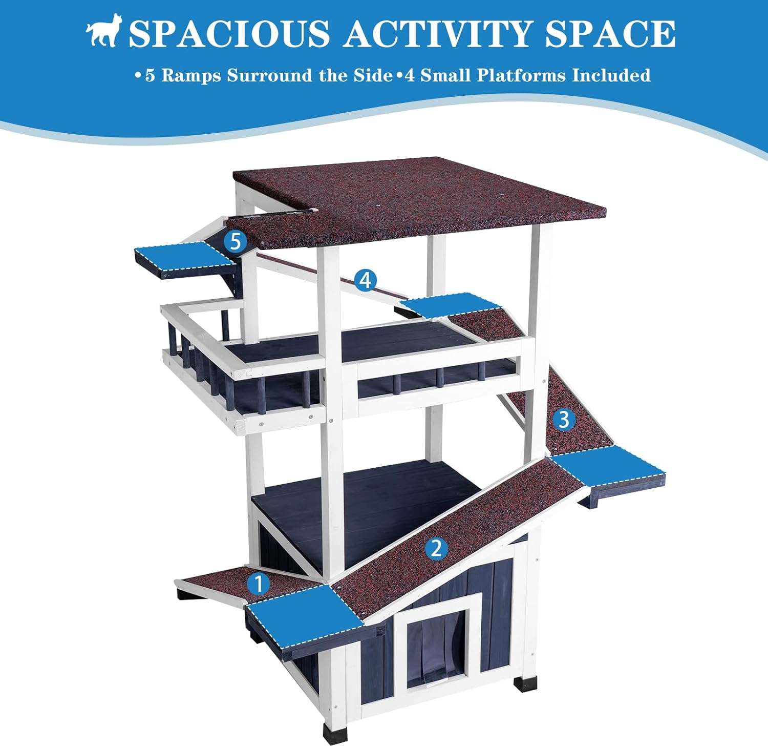 4 Tiers Outdoor Cat House Weatherproof Cat Tree Tower 45.1" H Feral Cat Shelter Outside Enclosure Multi-Level Play Zones Waterproof Roof 2 Escape Doors, 2 Removable Floors for Multiple Cats