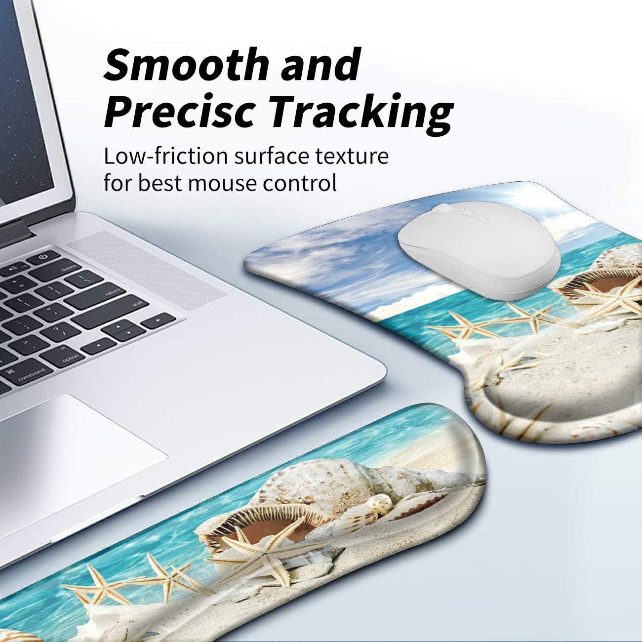 Wrist Rest for Computer Keyboard and Mouse Pad with Wrist Support Gel Seashells Beach Ergonomic Mousepad Memory Foam Comfortable Keyboard Pad Set Non-Slip Base Come with A Cute Coaster