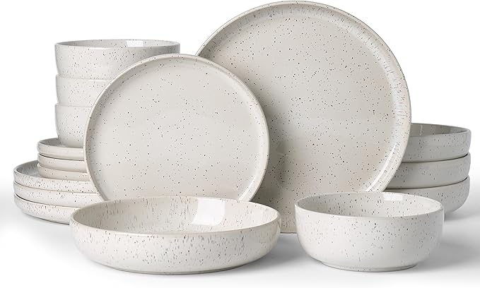 Famiware Milkyway Stoneware Dinnerware Sets with Pasta Bowls, Service for 4 (16 Pieces), Reactive Glaze Plates and Bowls Sets, Microwave and Dishwasher Safe Dishes Set, Matte Beige White