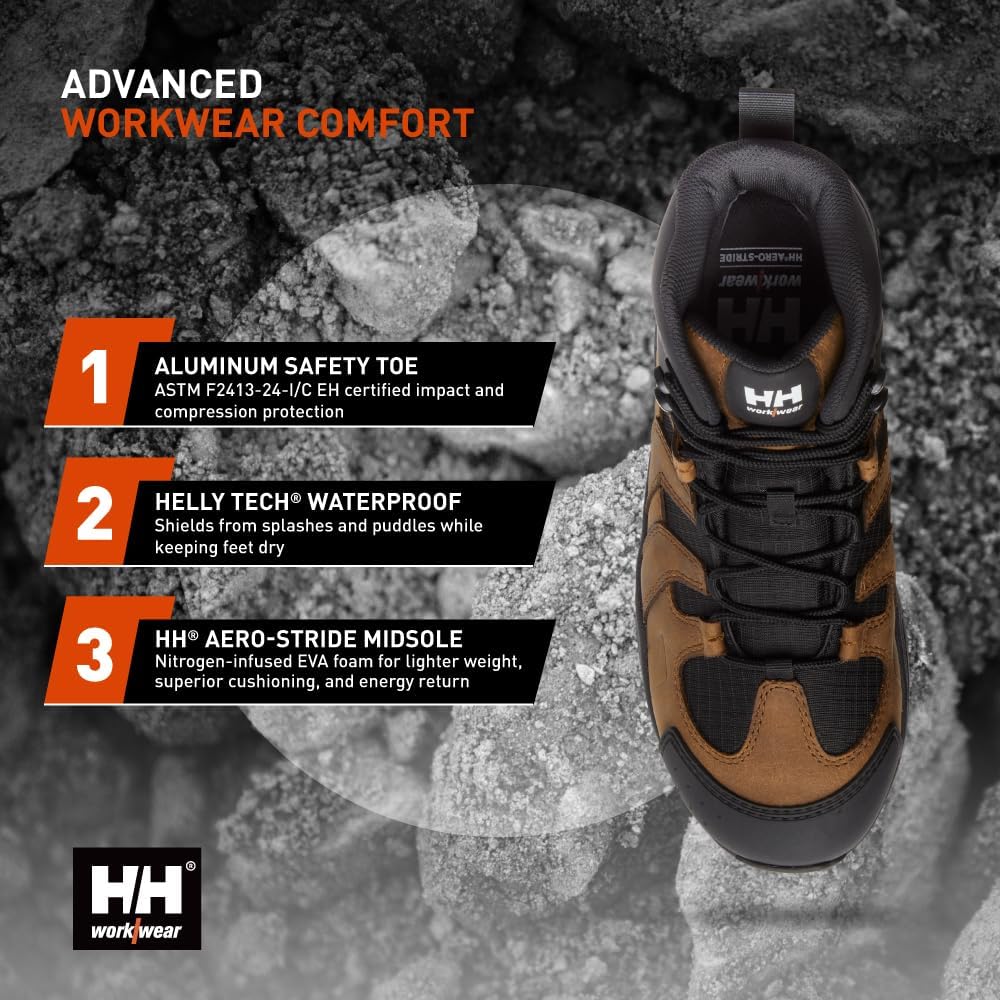 Helly Hansen Oslo Hiker Mid Work Boots - Aluminum Toe & Safety Shoes - Slip Resist & Hiking Boots - EH Protection Work Shoe - OSHA-Compliant Design - Impact Absorption - Dual-Purpose Design