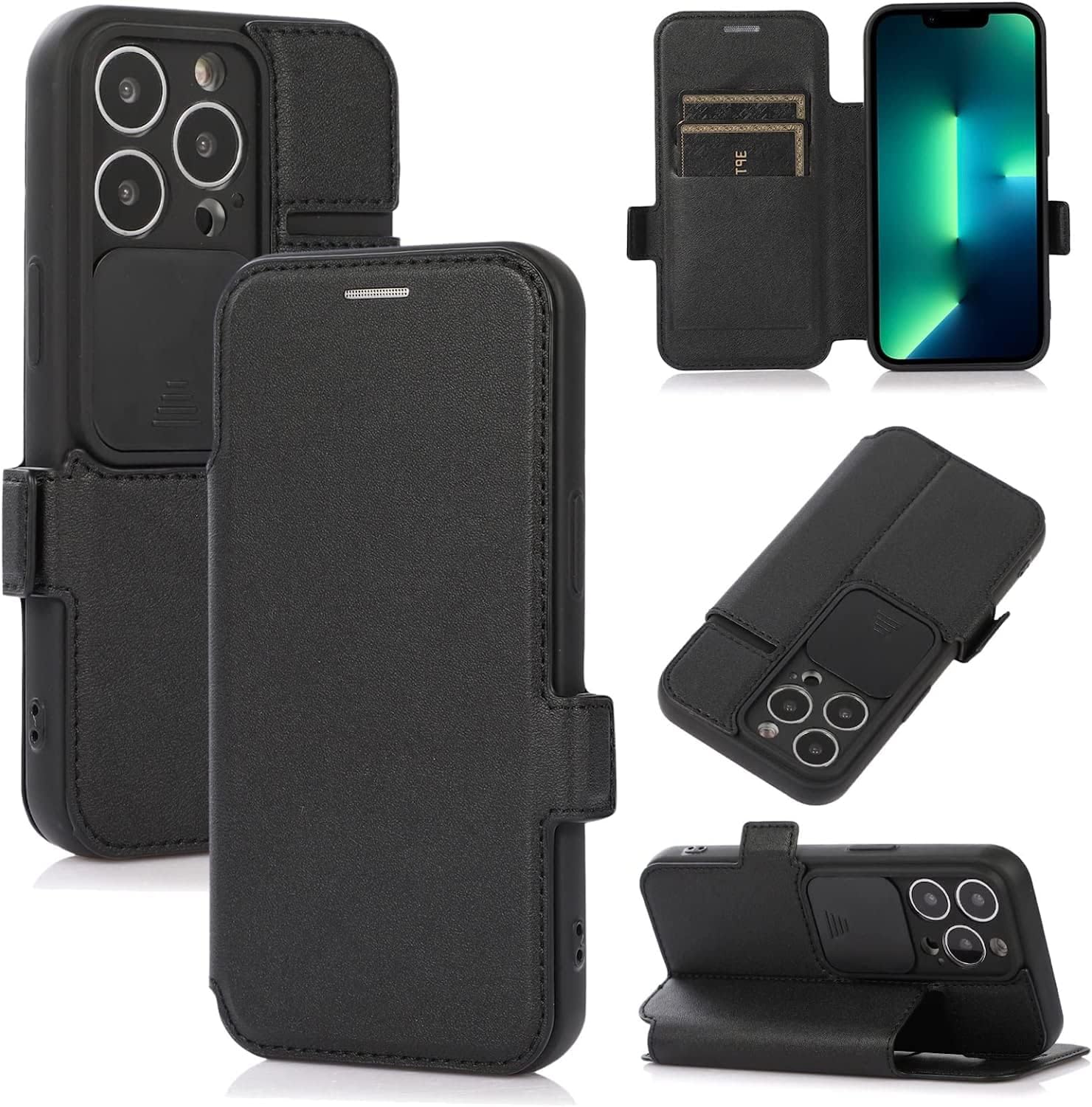 Case for iPhone 14/14 Plus/14 Pro/14 Pro Max, Multifunction PU Leather Flip Wallet Cover, Slider Camera Design, with Card Slots Holder (Color : Preto, Size : 14 6.1")