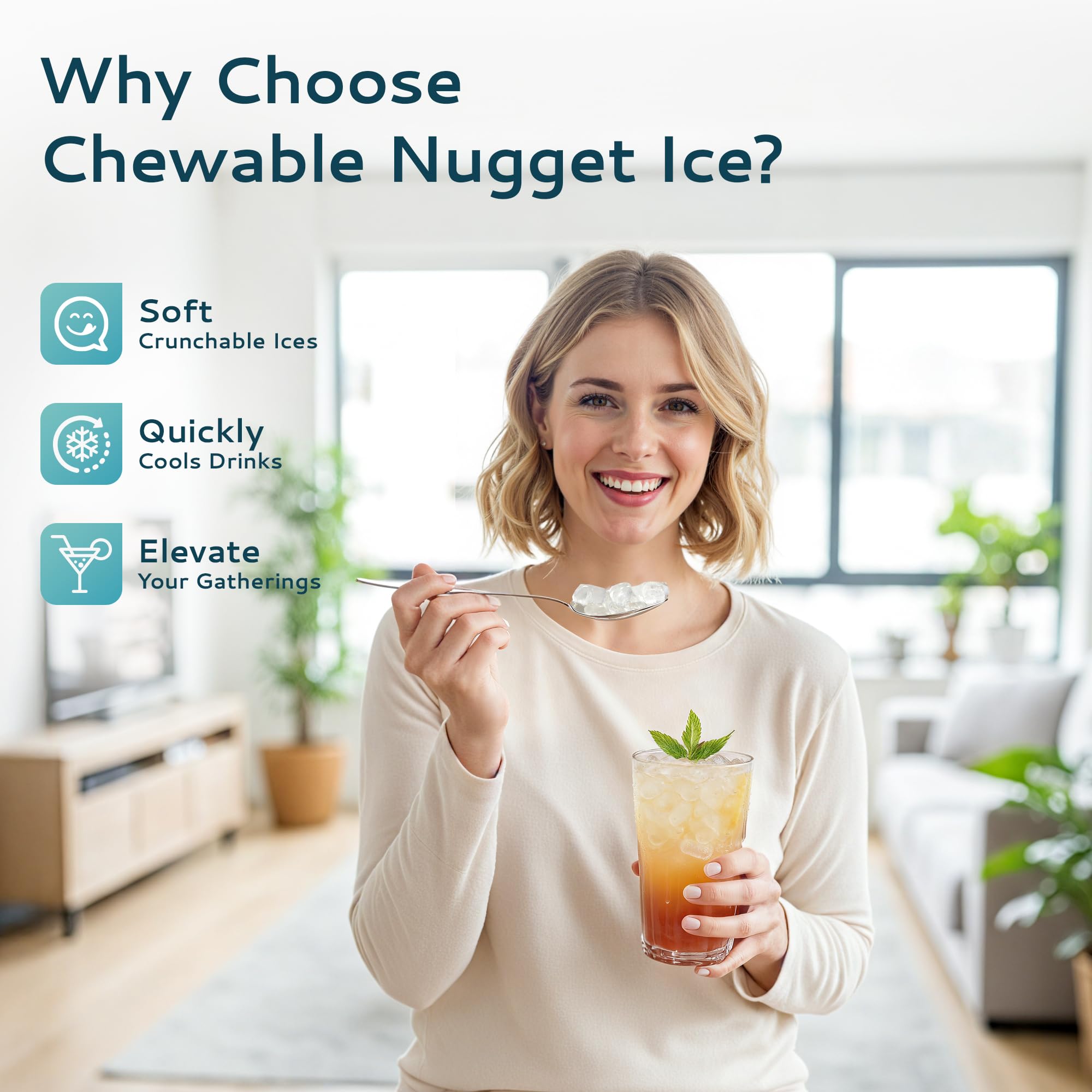 Euhomy Nugget Ice Maker Countertop, Ready In 8 Mins, Self-Cleaning, 34lbs/24h Portable Ice Maker Machine With Ice Scoop & Basket, Sonic Ice Makers With Chewable Pellet Ice For Home/Party/RV/Camping on Fridge.com - View 3