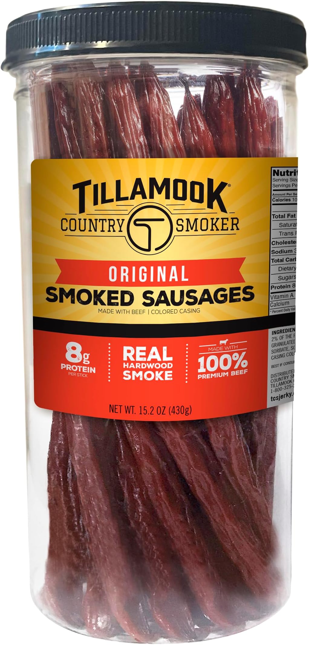 Tillamook Country Smoker Real Hardwood Smoked Sausages, Original Beef, 15.2 Ounce Tall Jar, 20 Count