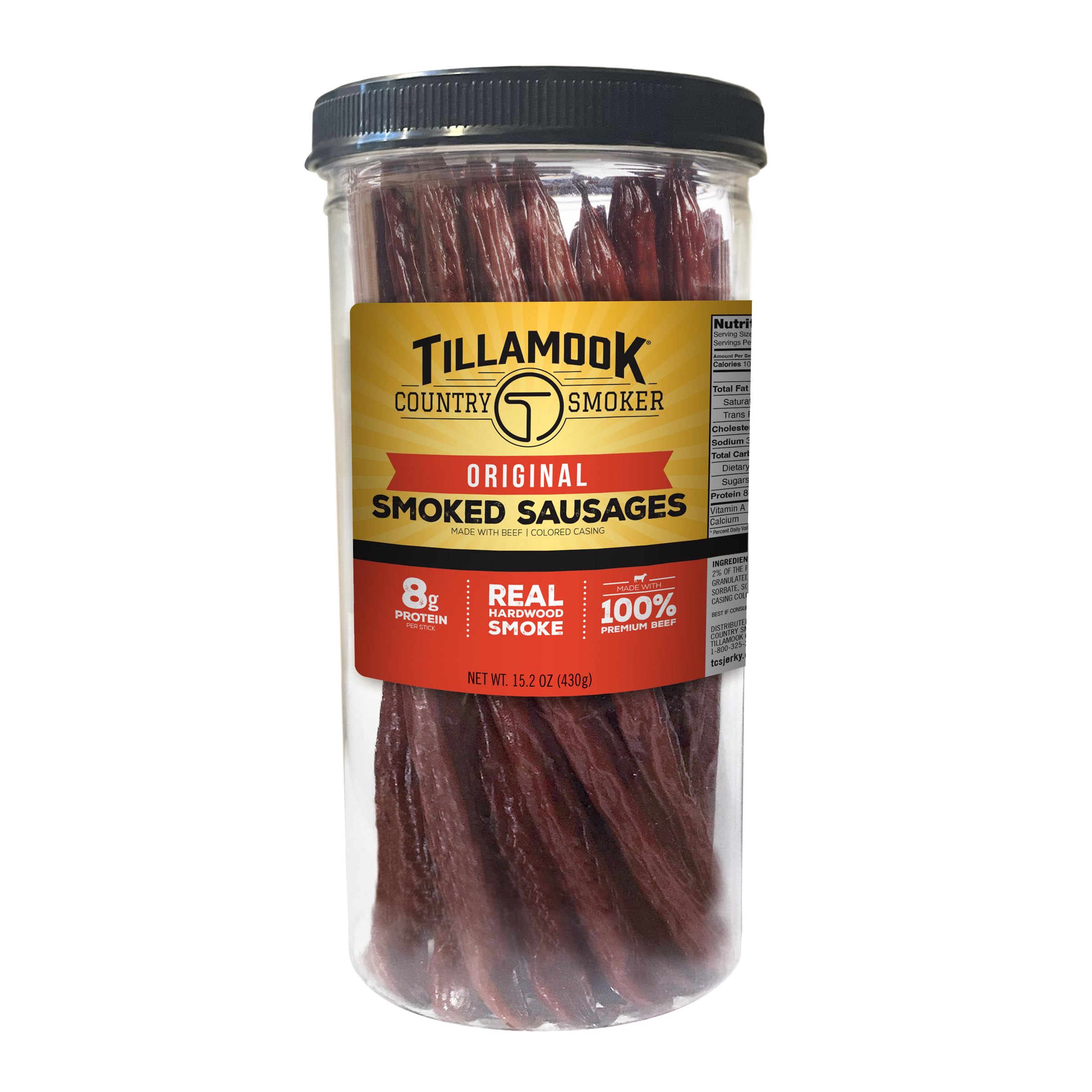 Tillamook Country Smoker Real Hardwood Smoked Sausages, Original Beef, 15.2 Ounce Tall Jar, 20 Count