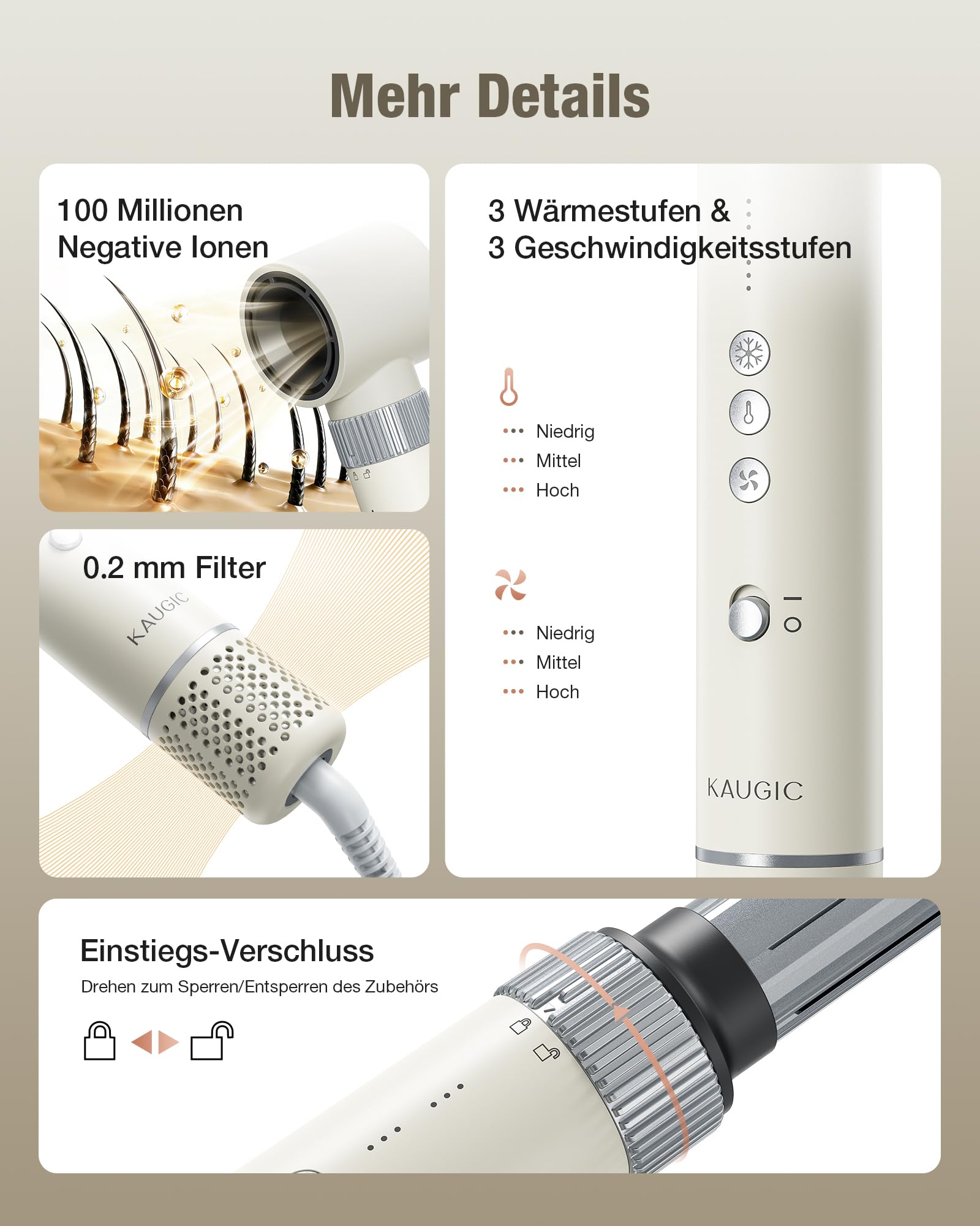 6-in-1 Hairstyler, Airstyler, Lockenstab, 110000 U/Min Hochgeschwindigkeit Lonen Föhn Locken oder Glätten, Föhnbürste Warmluftbürste Rundbürstenföhn Lockenföhn Haartrockner- Cremeweiß