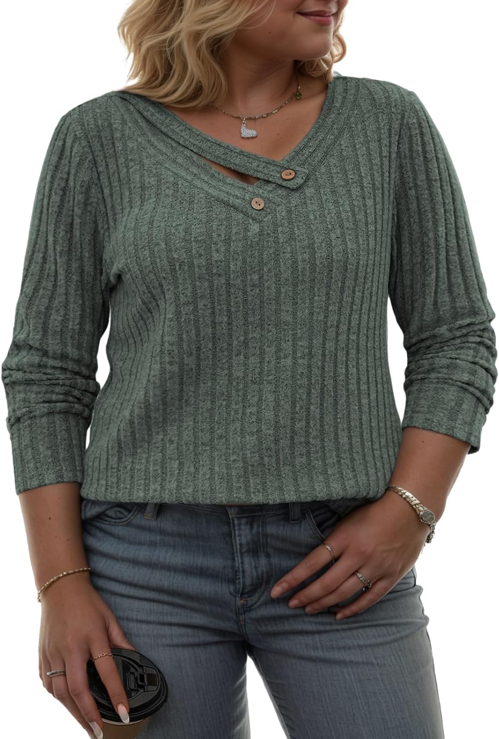 VISLILY Womens-Plus-Size-Tops Trendy V Neck Casual Long Sleeve Shirts Lightweight Knit Sweaters Button Decor Tunics Blouses