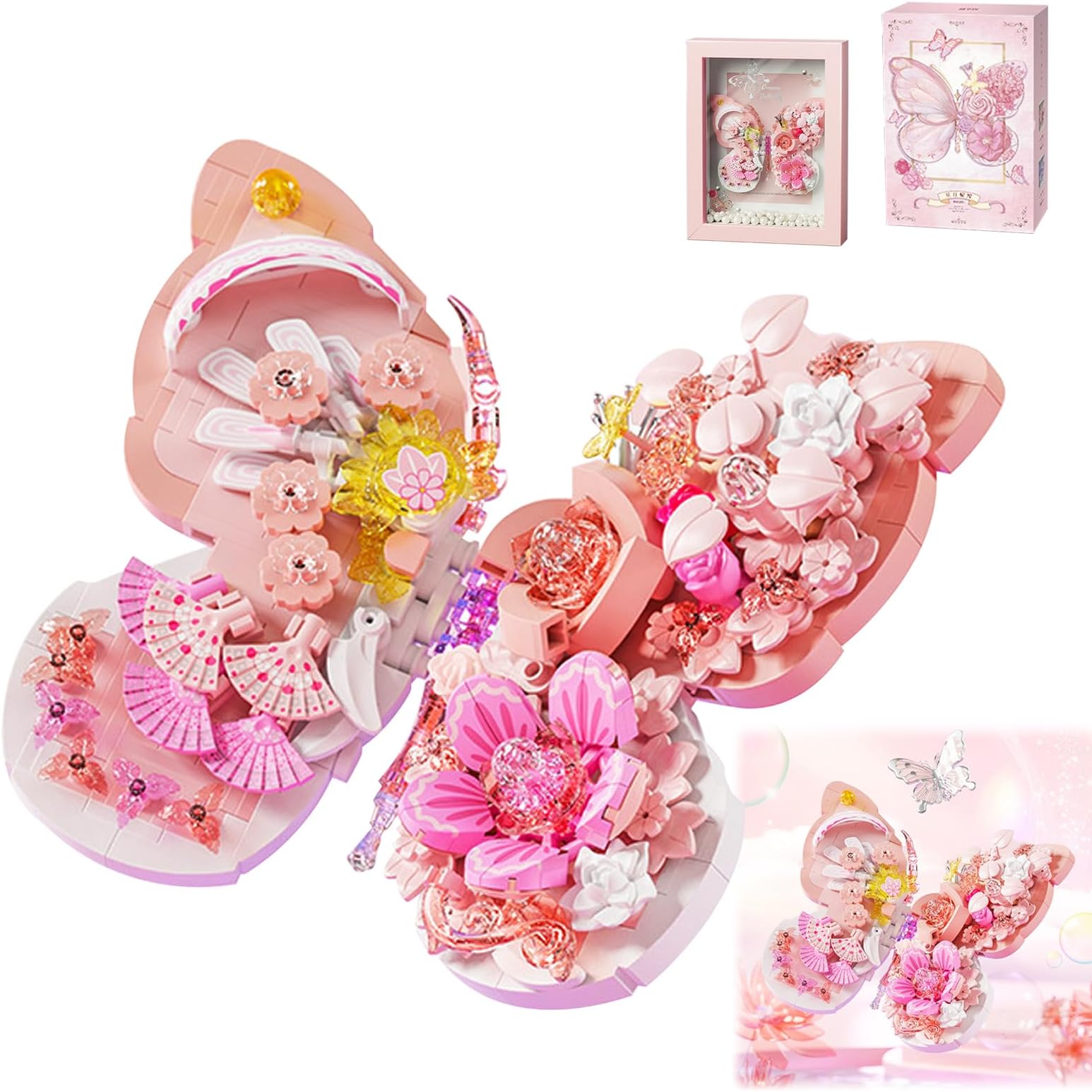 Pink Flower Starmoon Butterfly Building Block 560Pcs, Insects & Flower Blocks Toy with Photo Frame, Compatible with Lego 853792 Accessory, Artistic Toy with Ages 6+ (Pink Butterfly)