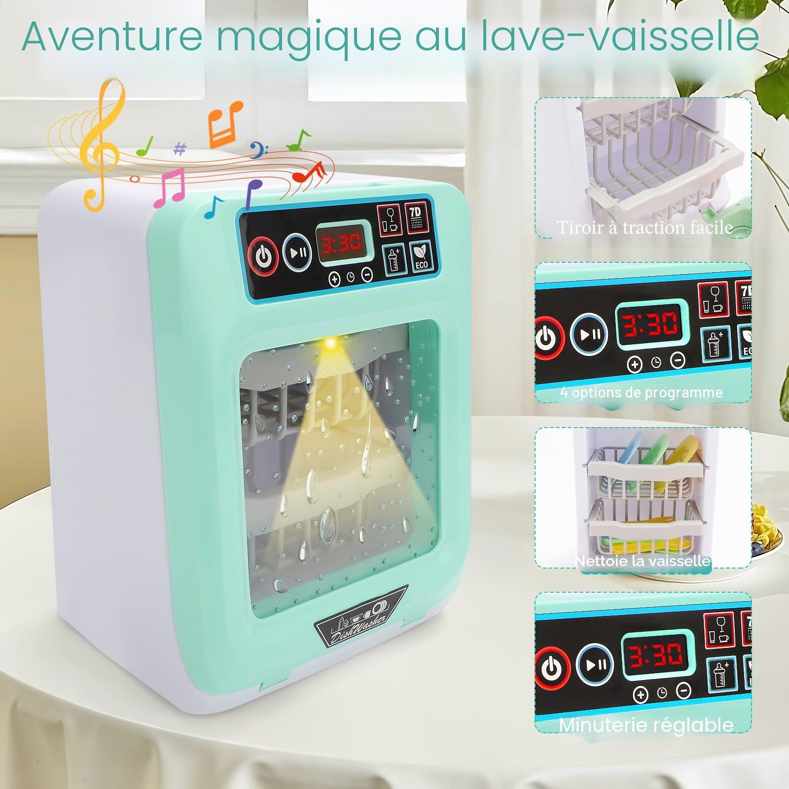 deAO Ensemble de Cuisine pour Enfants Lave-Vaisselle avec variété d'accessoires et Fonctions réalistes, lumières et Son Inclus, Jouet de Simulation pour Enfants, garçons et Filles