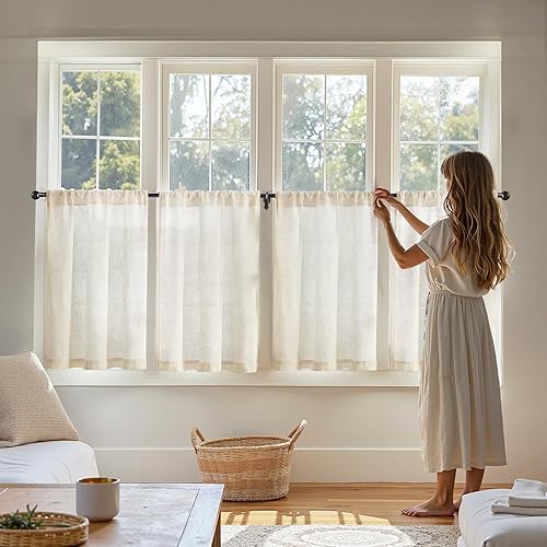 Miniatura 3 de jinchan - Cortinas de media altura de 24 pulgadas para ventanas pequeñas, mezcla de lino, estilo rústico, para cocina, filtran la luz, con
