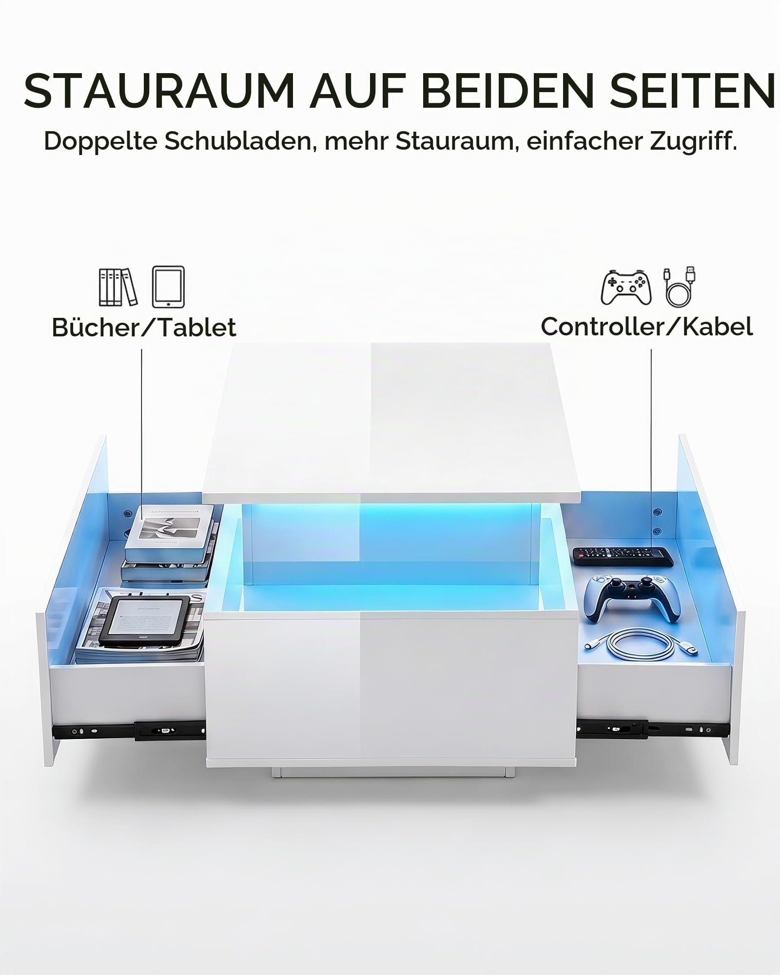 Couchtisch Höhenverstellbar Weiß Hochglanz, Couchtisch Aufklappbar mit Stauraum Modern, Wohnzimmertisch Höhenverstellbar mit Stauraum Klein, Beistelltisch Wohnzimmer, Tisch Wohnzimmer