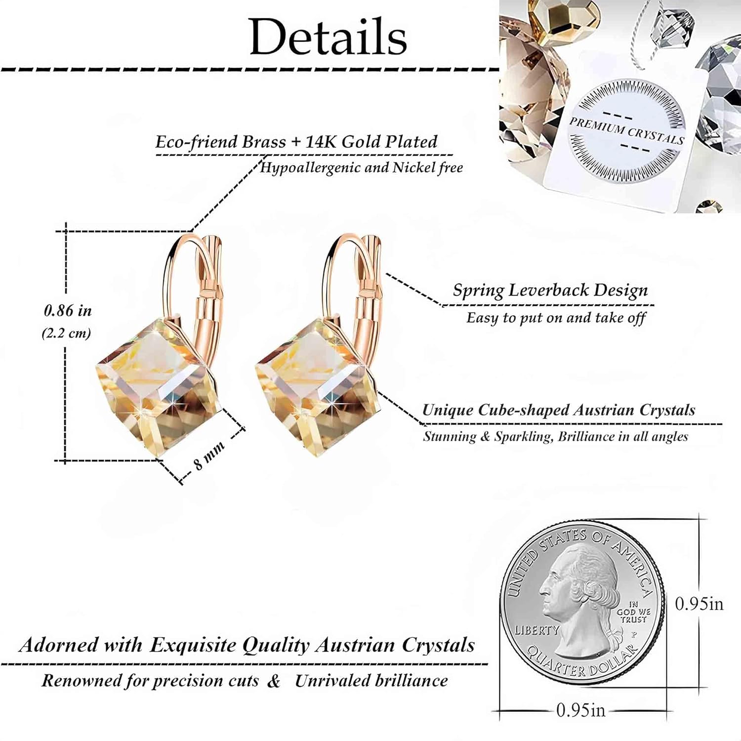 Cube Austrian Crystal Drop Leverback Earrings for Women Fashion 14K Rose Gold Plated Hypoallergenic Jewelry - Image 4