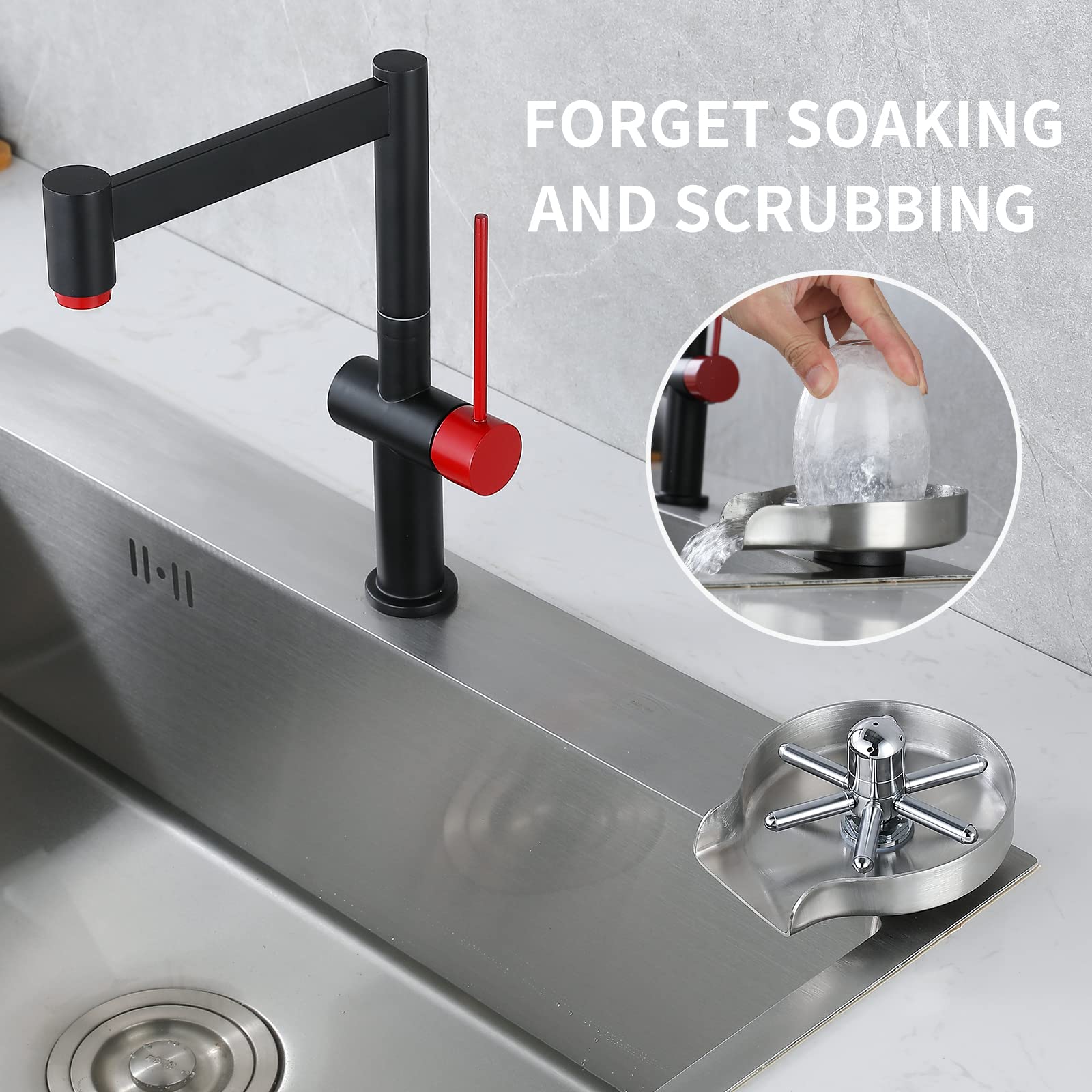FOHEEL Enjuague de vidrio para fregaderos de cocina, limpiador de botellas de vidrio de acero inoxidable SUS304, accesorios de fregadero para el hogar (níquel cepillado, giratorio grande)