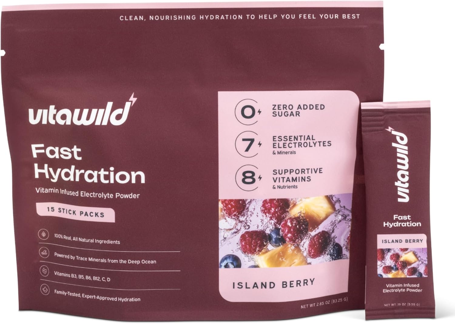 Premium Electrolyte & Vitamin Drink Mix - Zero Added Sugar - Clean Ingredients - 7 Electrolytes & Minerals - 8 Key Vitamins & Nutrients - 15 Single-Serve Sticks (Island Berry)