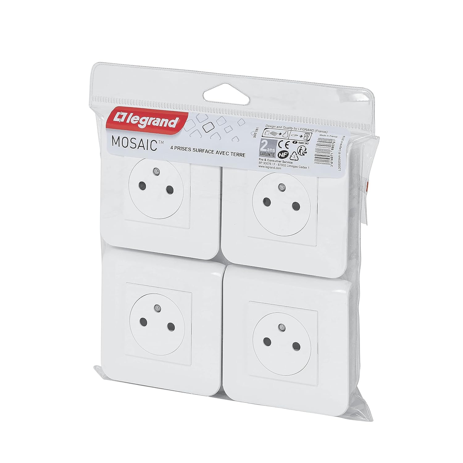 LEGRAND - Mosaic Surface Earth Wall Socket - 2P+T Socket + Finish Plate + Screw Mounting Bracket - Made in France - White - Set of 4
