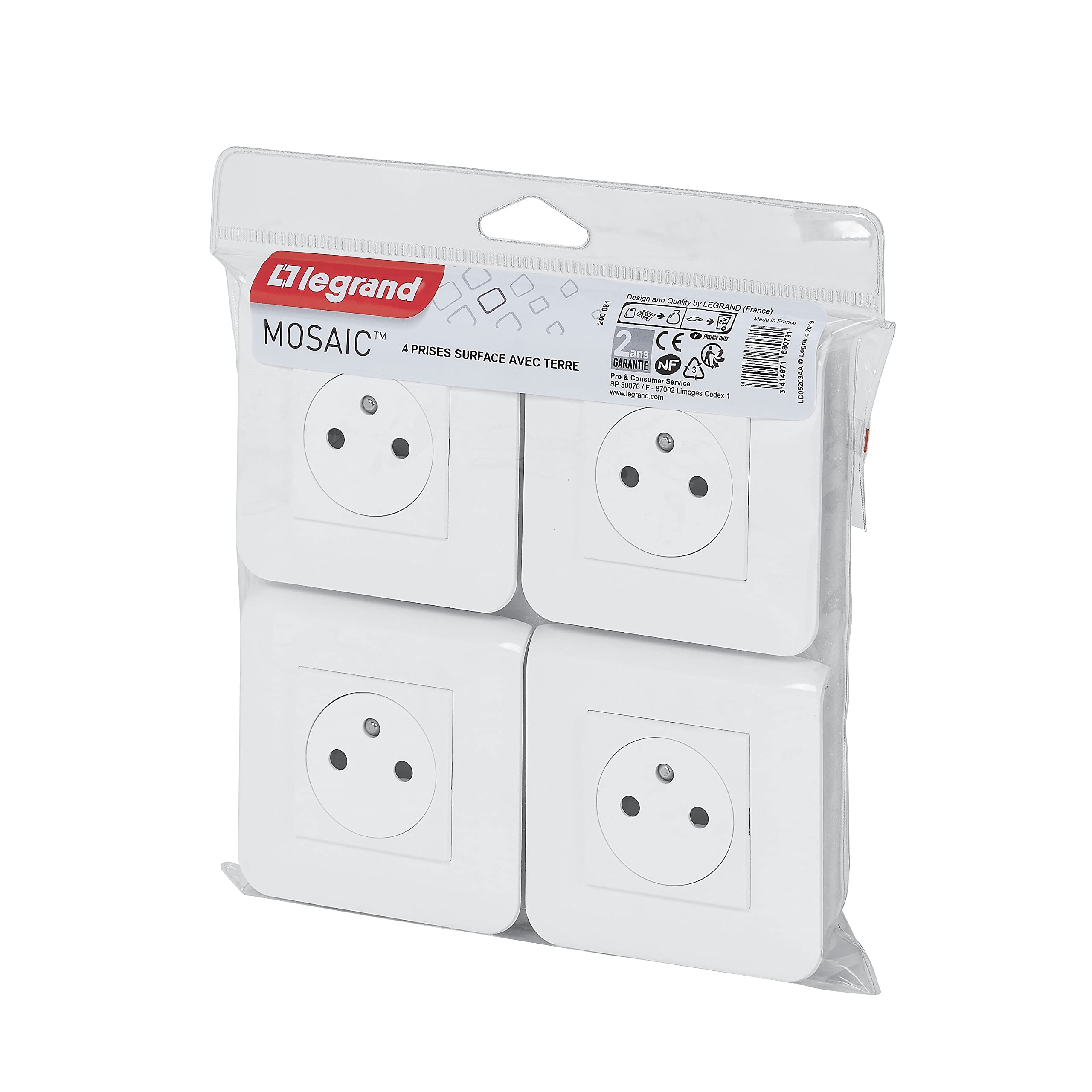 LEGRAND - Presa elettrica da parete con superficie di terra mosaico - Presa 2P+T + Piastra di finitura + Staffa di montaggio a vite - Made in France - Bianco - Set di 4