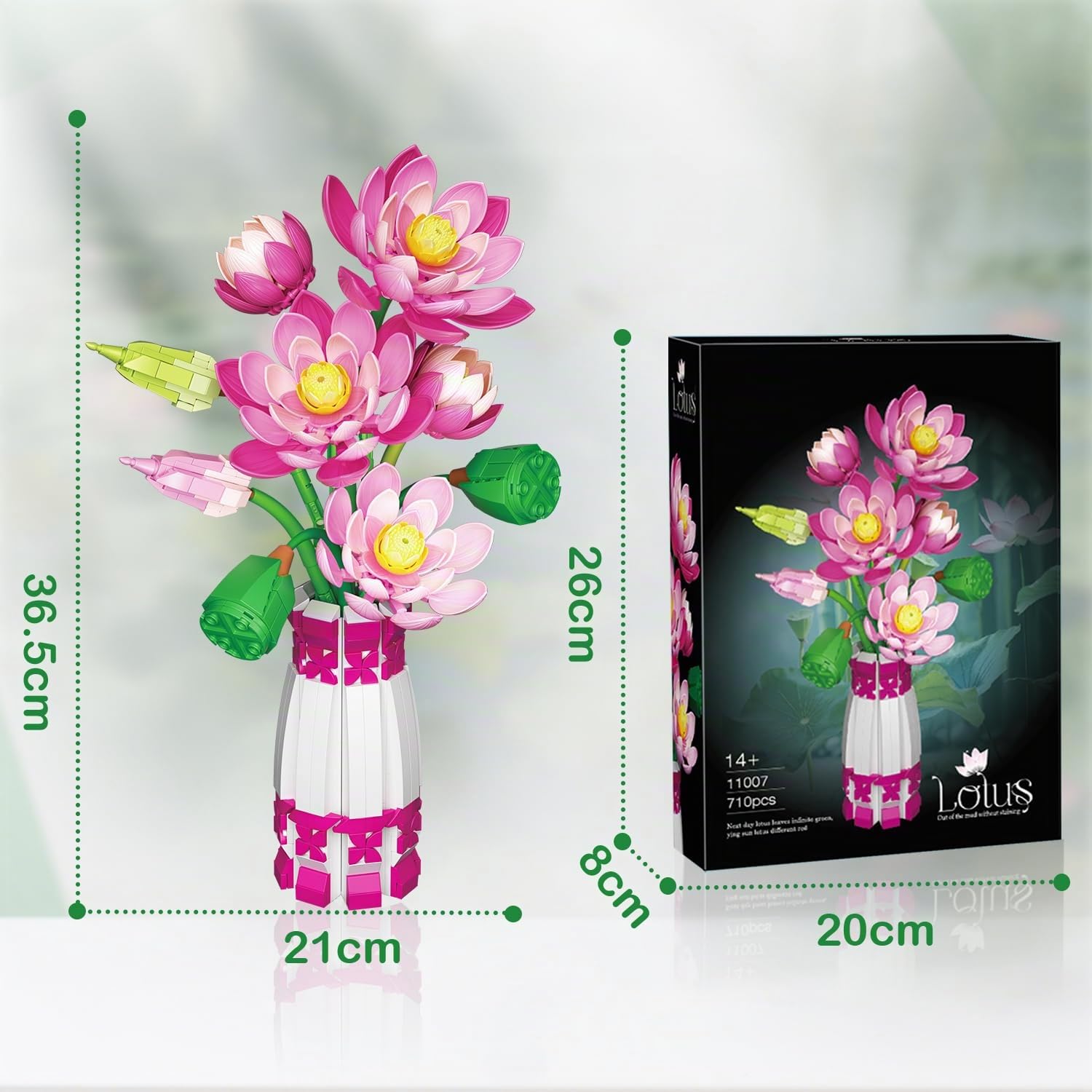Set Botánical de Flores de Loto con Jarrón, Compatible con la Colección Botánical de Flores de Lego, Ramo de Flores Artificiales Rosas con Jarrón para Interiores y Exteriores, 710 Piezas