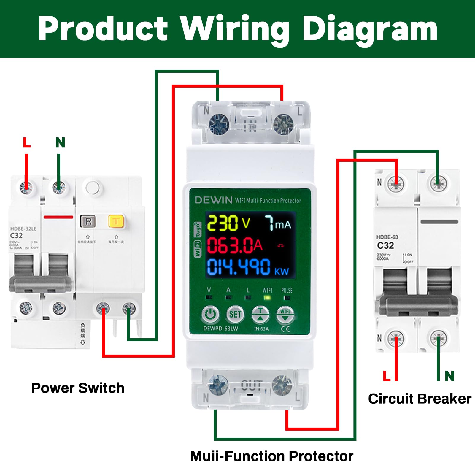 DEWIN Compteur d'électricité DIN Rail WiFi, Intelligent Tuya WiFi AC Compteur avec protection contre les fuites Protection contre les surtensions et les sous-tensions 63A AC 230V