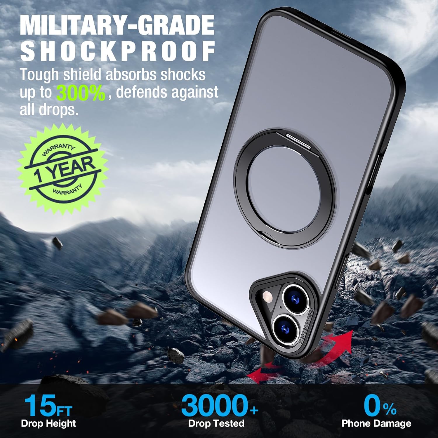 for iPhone 16 Case [Compatible with Magsafe] [15 FT Military Grade Drop Protection] with Screen Protector & Lens Protector,Shockproof Kickstand Phone Case for iPhone 16 (Black)