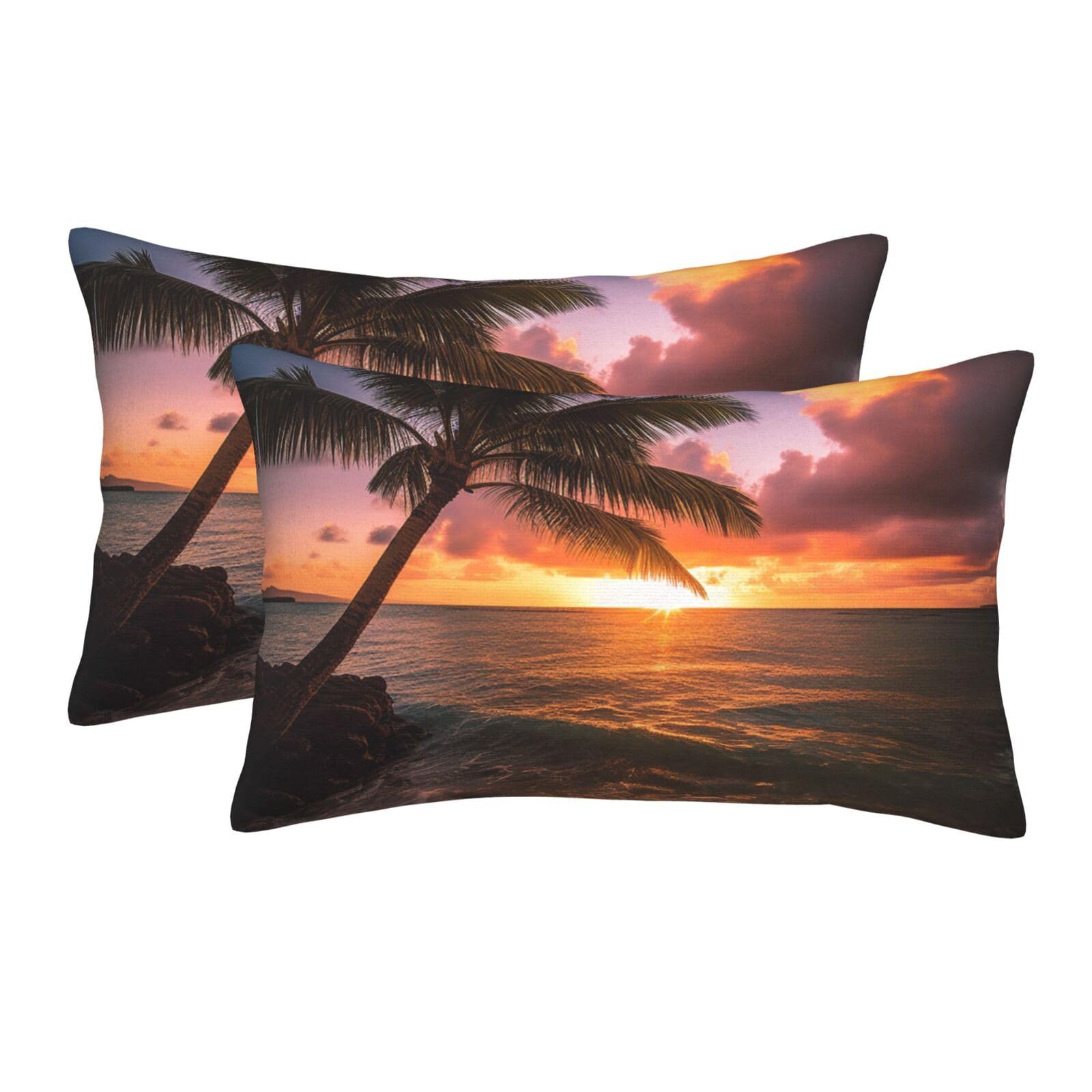 2 Pack Standard Size Pillow Cases for Hair and Skin Soft Breathable Pillow Case Covers with Hidden Zipper Palm Tree Sunset Beach Pillowcase 14"x20" Pillow Cover for Sleeping Gift
