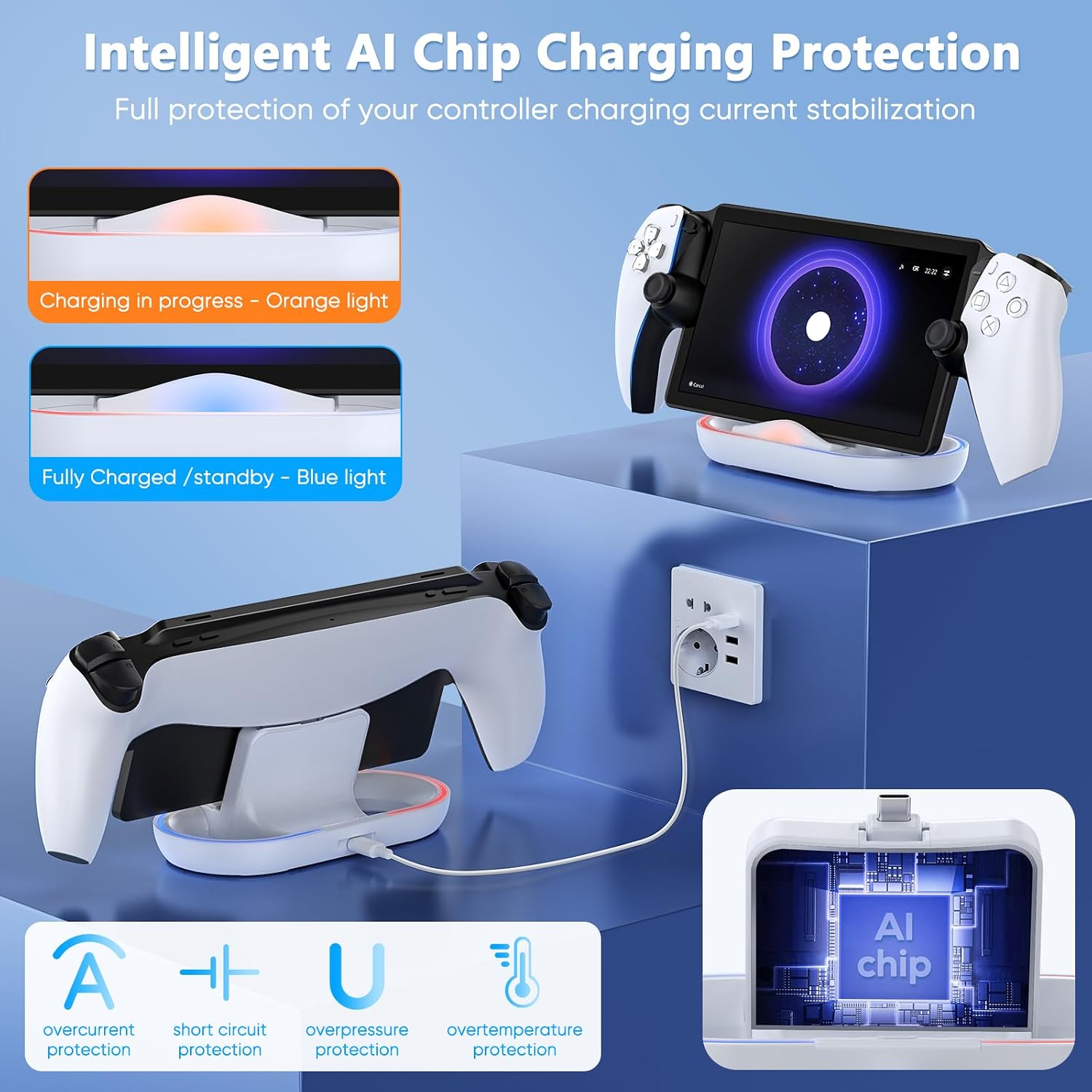 Charger Station for PlayStation Portal- Case Friendly, Charging Dock with Color Light Charger Stand & USB Type C Cable, Magnetic Type C Port for PS5 Ps Portal Charging with Case on (White)