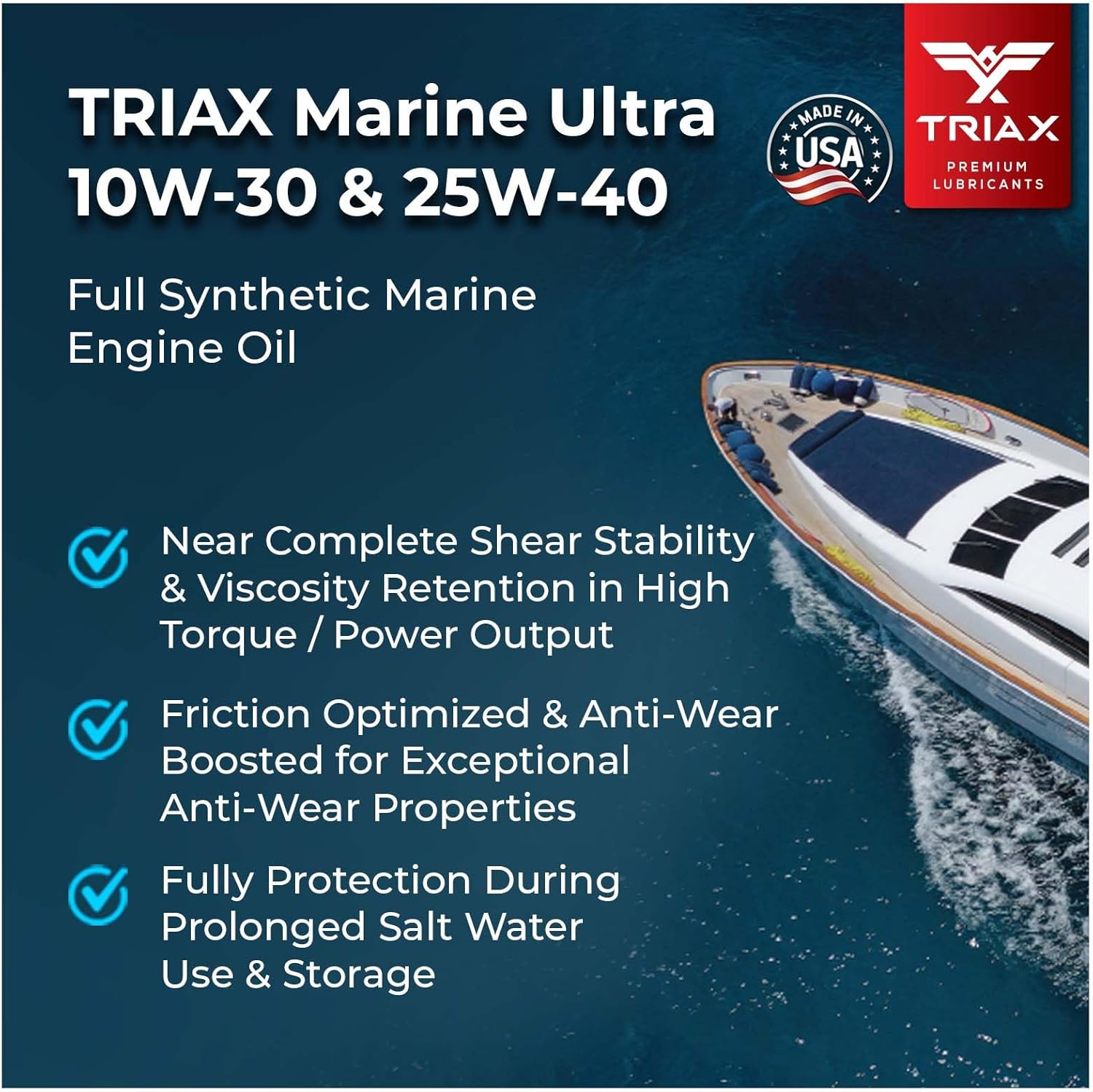 TRIAX Marine Ultra 25W-40 Full Synthetic 4-Stroke Engine Oil, NMMA FC-W, JASO MA | For all Inboard, Outboards, Personal Watercraft, and Supercharged Marine Engines (5 Quart)
