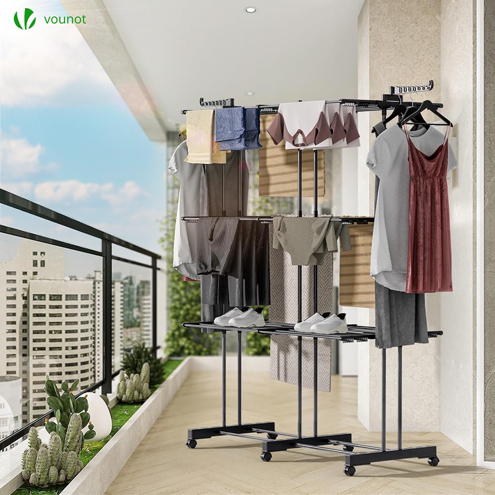 VOUNOT® Wäscheständer Turm Ausziehbar, Platzsparender Turmwäscheständer für Innen & Außen, mit Faltbaren Flügeln, Teleskopstange und 6 Rollen, 40m Trockenlänge, 3 Ebenen, Schwarz