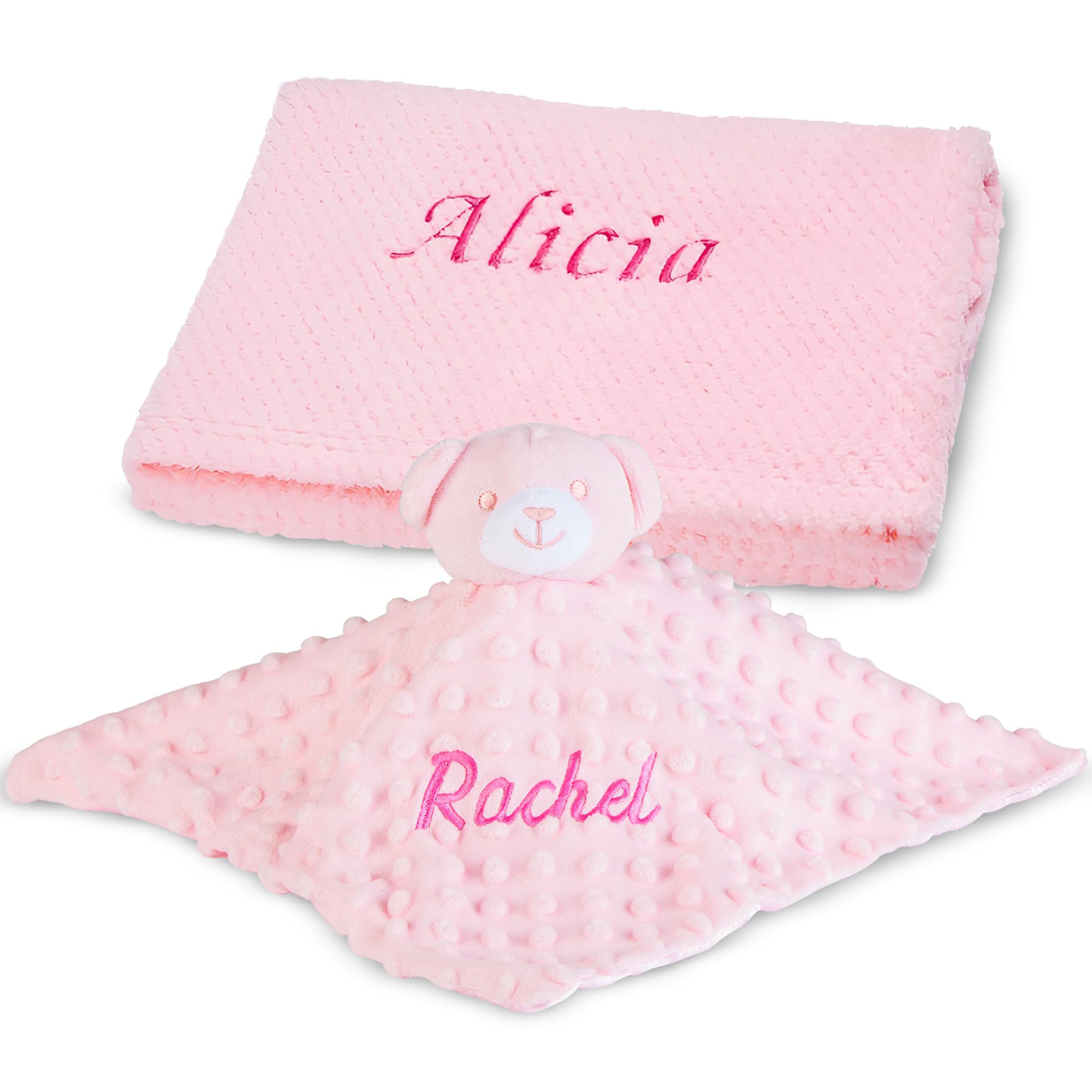 Baby Box Shop Personalised Baby Blanket & Bear Comforter Bundle - Embroidered Newborn Essentials, Personalised Blanket with Teddy Bear Comforter, Soft Customised Blanket for New Born Baby Girls (Pink)