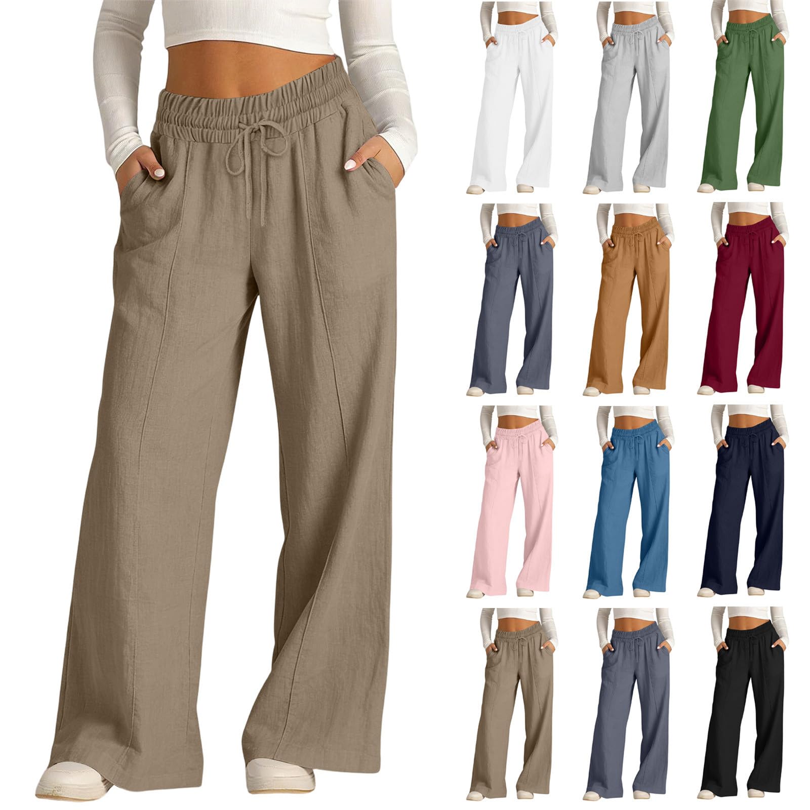 Women's Cotton Linen Pants Summer Straight Wide Leg Trousers Drawstring Elastic Waist Loose Beach Vacation Outfits