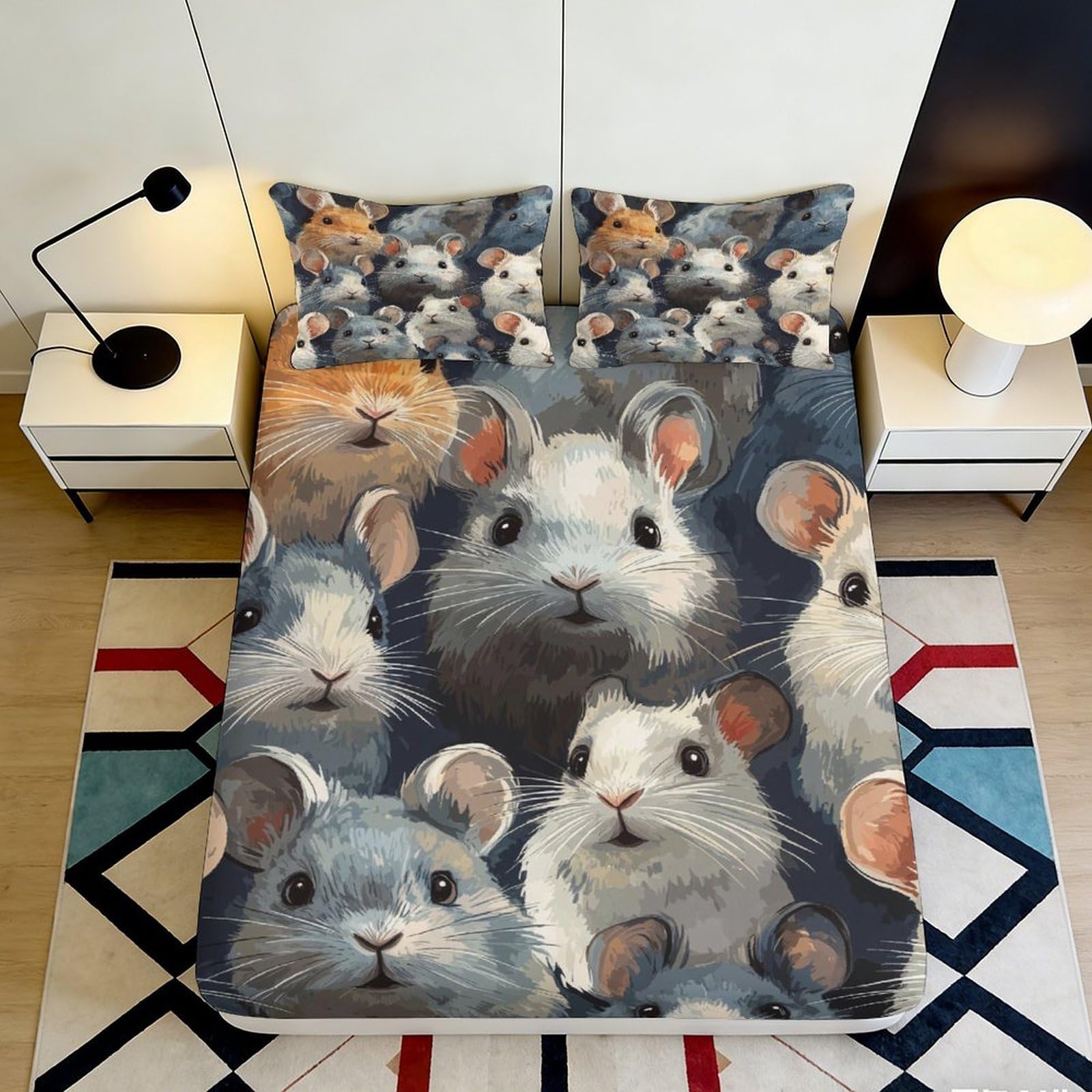 3D Printed Cute Hamster Fitted Sheet Microfiber Deep Pocket Non-Slip Animal Pattern Mattress Fitted Cover for Bedroom 200x200x25cm