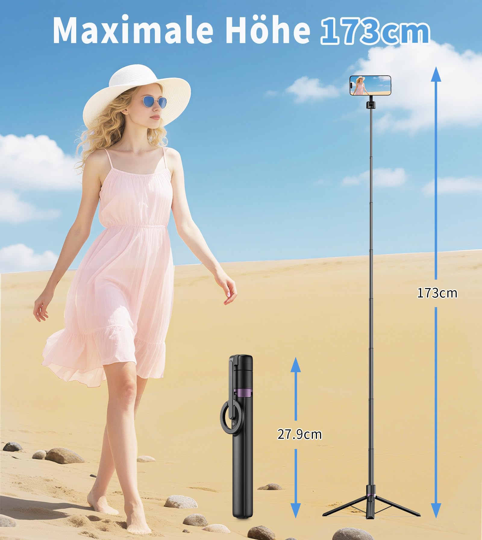 TONEOF 173cm Magnetisches Selfie Stick Stativ, Stark Magnetischer Aluminium Halter für Magsafe, 360° Drehbar, Einziehbares Einbein Stative mit Metallring&Fernbedienung, Tragbares Handystativ-Schwarz