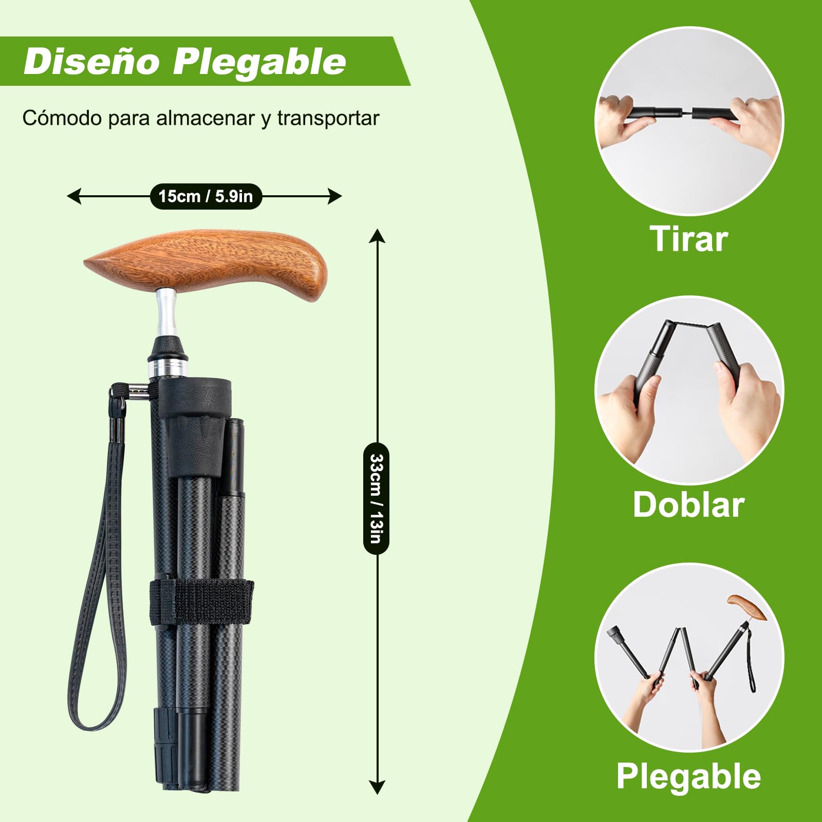 Bastón de Carbono Ligero con Bolsa de Transporte, Punta de Goma Antideslizante y Absorbente de Impactos (2 Puntas de Repuesto Incluidas), Plegable y Ajustable en Altura