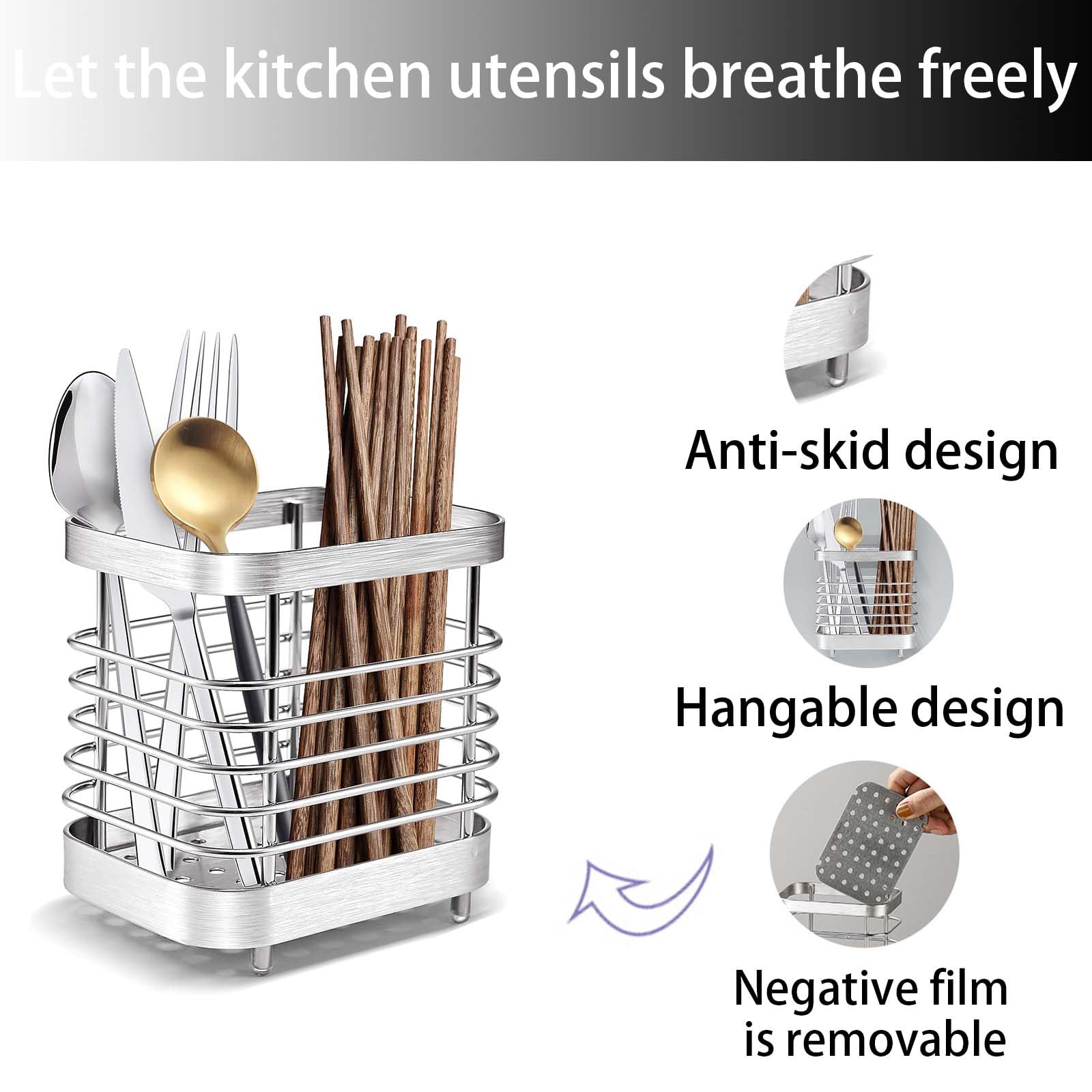 Portaposate Sospeso Portaposate Da Cucina In Acciaio Inox, Rastrelliera Per Scolare Le Forchette, Porta Bacchette, Utensili Da Cucina, Organizer Per Utensili Da Cucina, Antiruggine Scolaposate Sospeso - 2