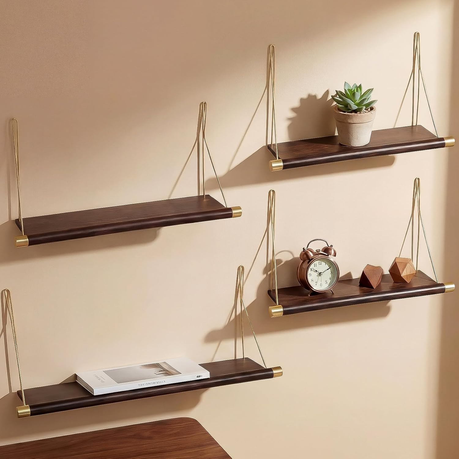 Pinkunn 4pcs Mid Century Modern Decor Walnut Floating Shelves for Wall Mounted Storage Shelves Solid Wood Rustic Decorative Shelving Living Room Bedroom Coffee Bar Bathroom Display Plant Photo
