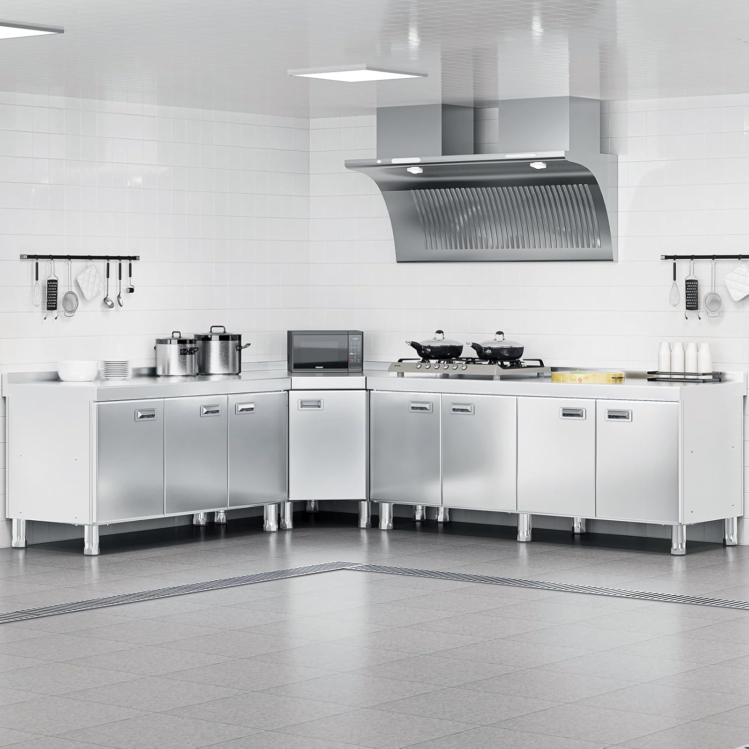 WWK Corner Stainless Steel Table with Cabinet, Commercial Kitchen Table for Prep & Work, Heavy Duty Outdoor Kitchen Cabinet with Pull-Out Door for Restaurant, Hotel, Garage and Cafe