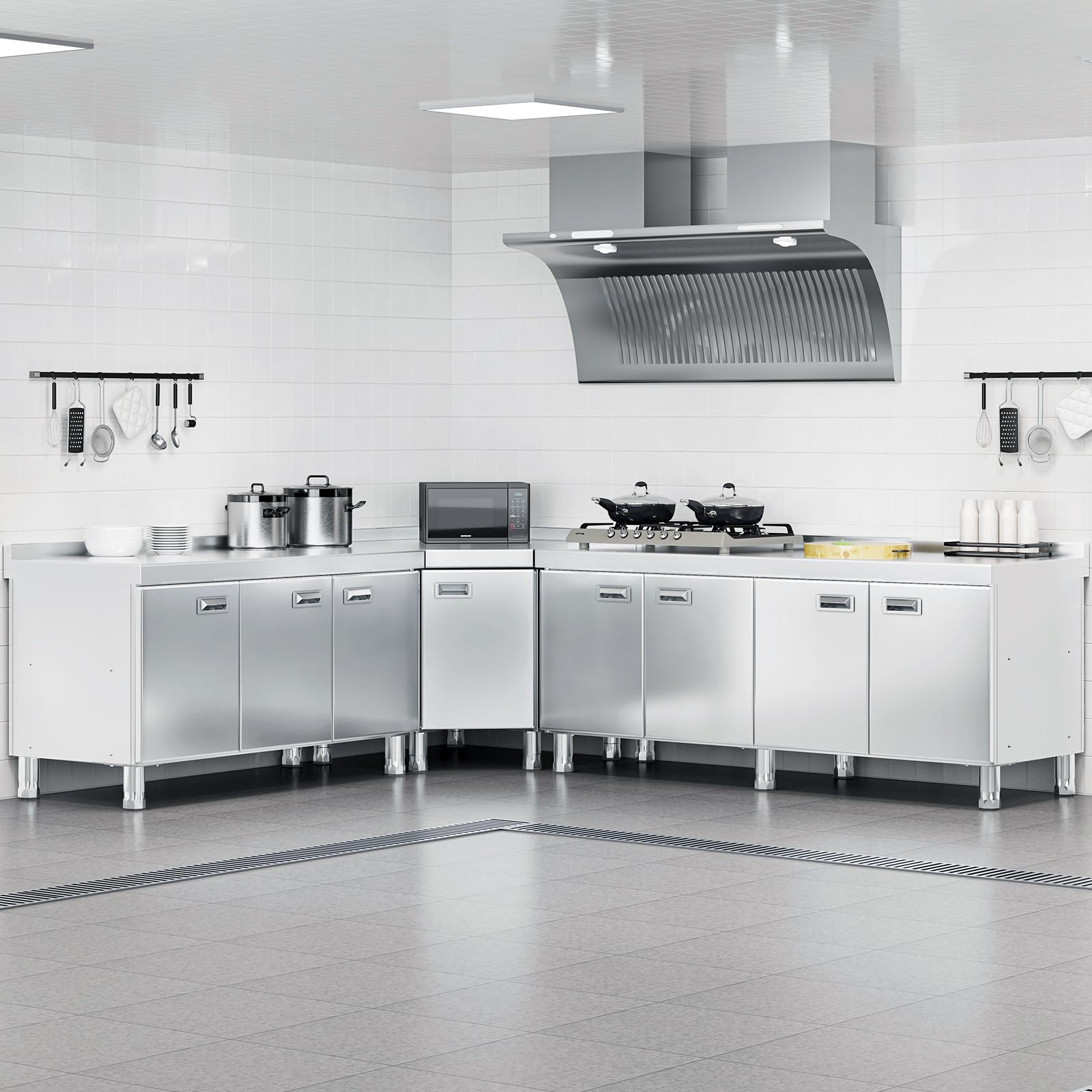 WWK Ecktisch aus Edelstahl mit Schrank, kommerzieller Küchentisch für Vorbereitung und Arbeit, robuster Outdoor-Küchenschrank mit ausziehbarer Tür für Restaurant, Hotel, Garage und Café